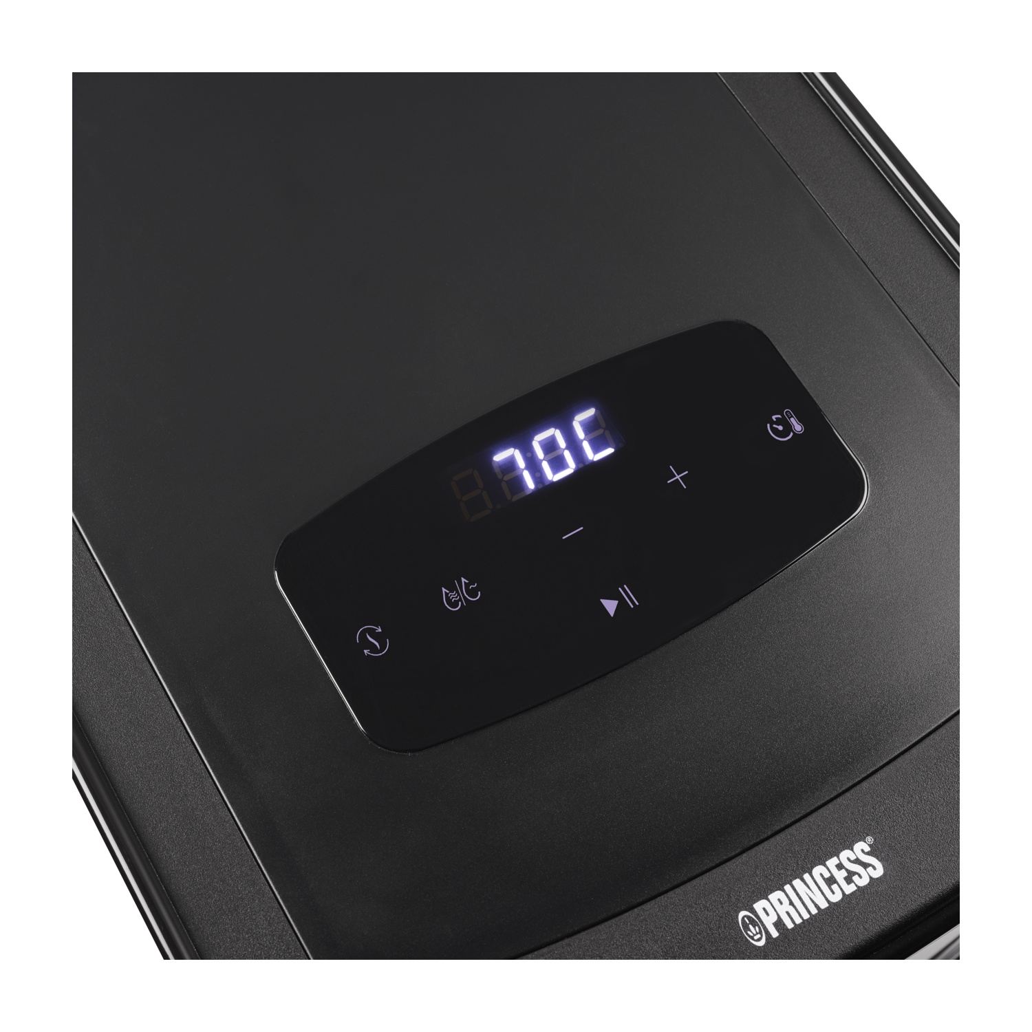Display digitale con temperatura e icone su dispositivo nero con logo Princess.