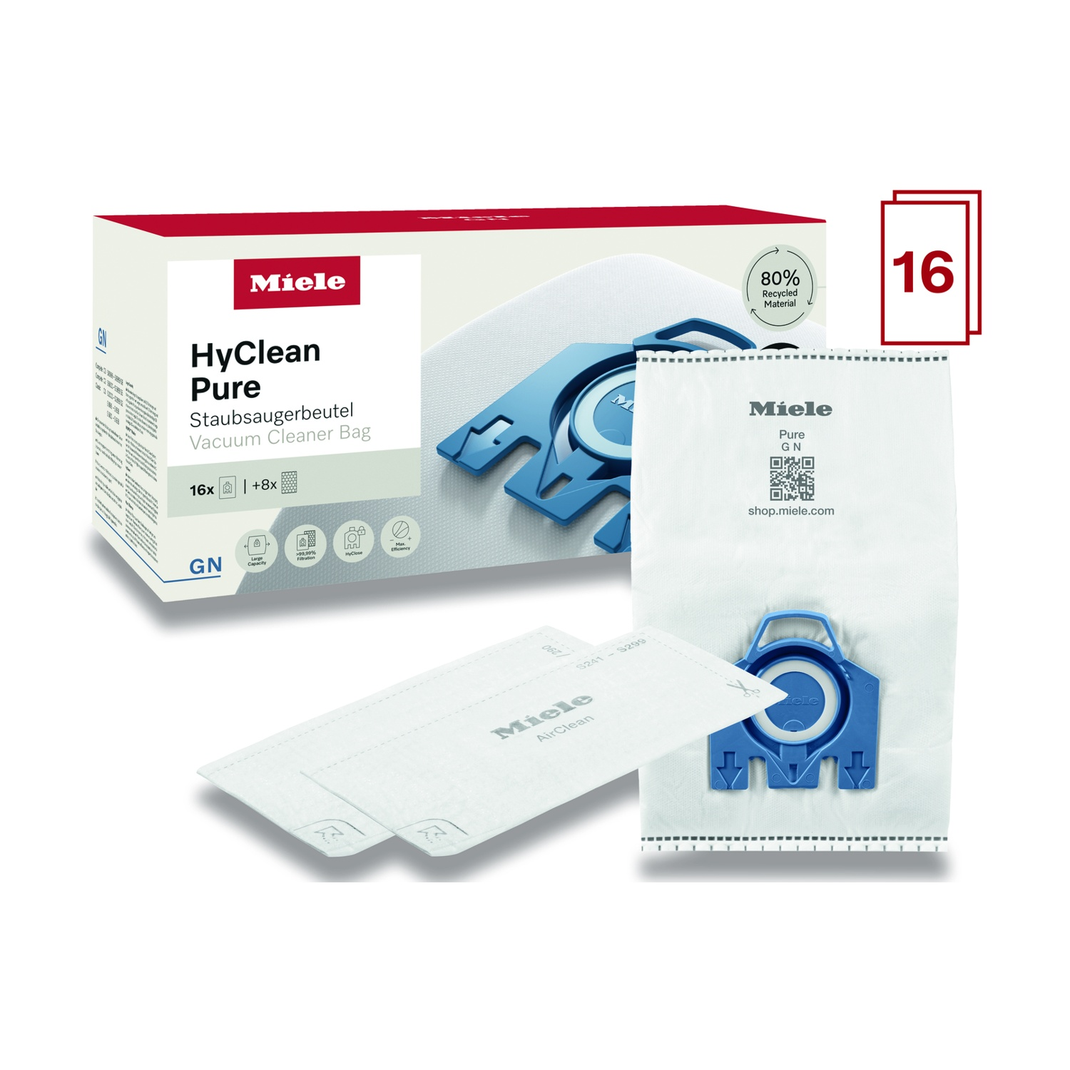 Sacchetti aspirapolvere Miele HyClean Pure, 16 pezzi, 80% materiale riciclato.