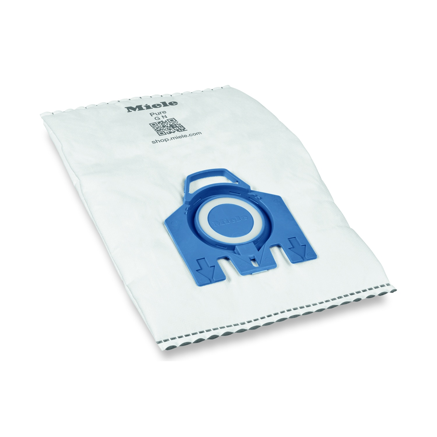 Un sacco aspirapolvere Miele bianco con connettore blu e codice QR.