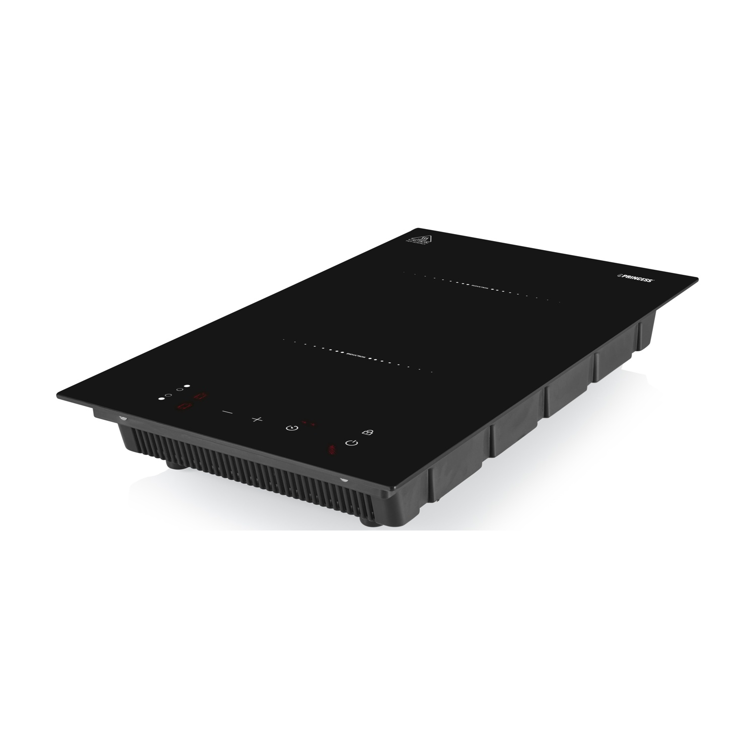 Piano cottura a induzione nero con controlli touch e fessure di ventilazione. Logo Princess.