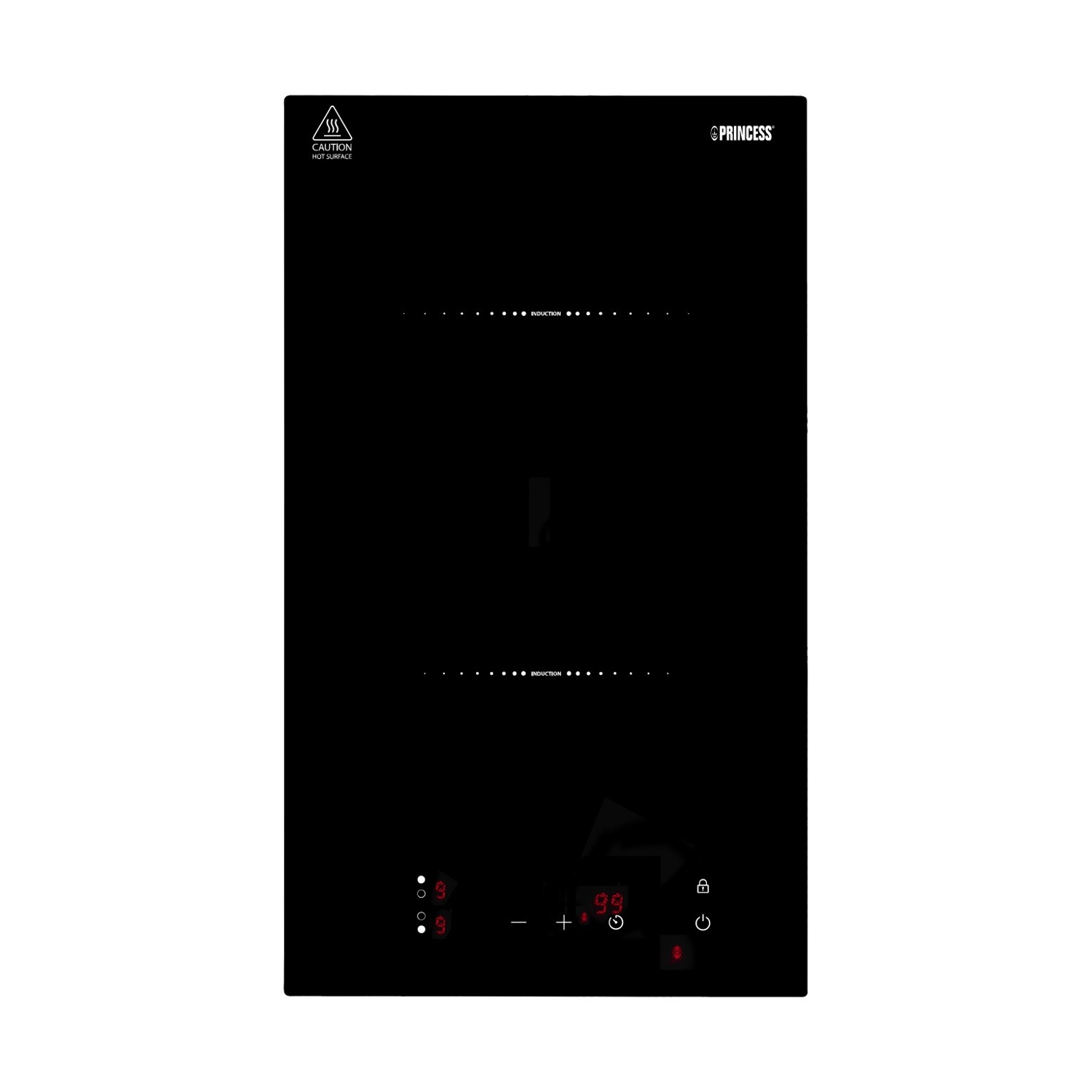 Piano cottura a induzione nero con comandi touch e display digitale.