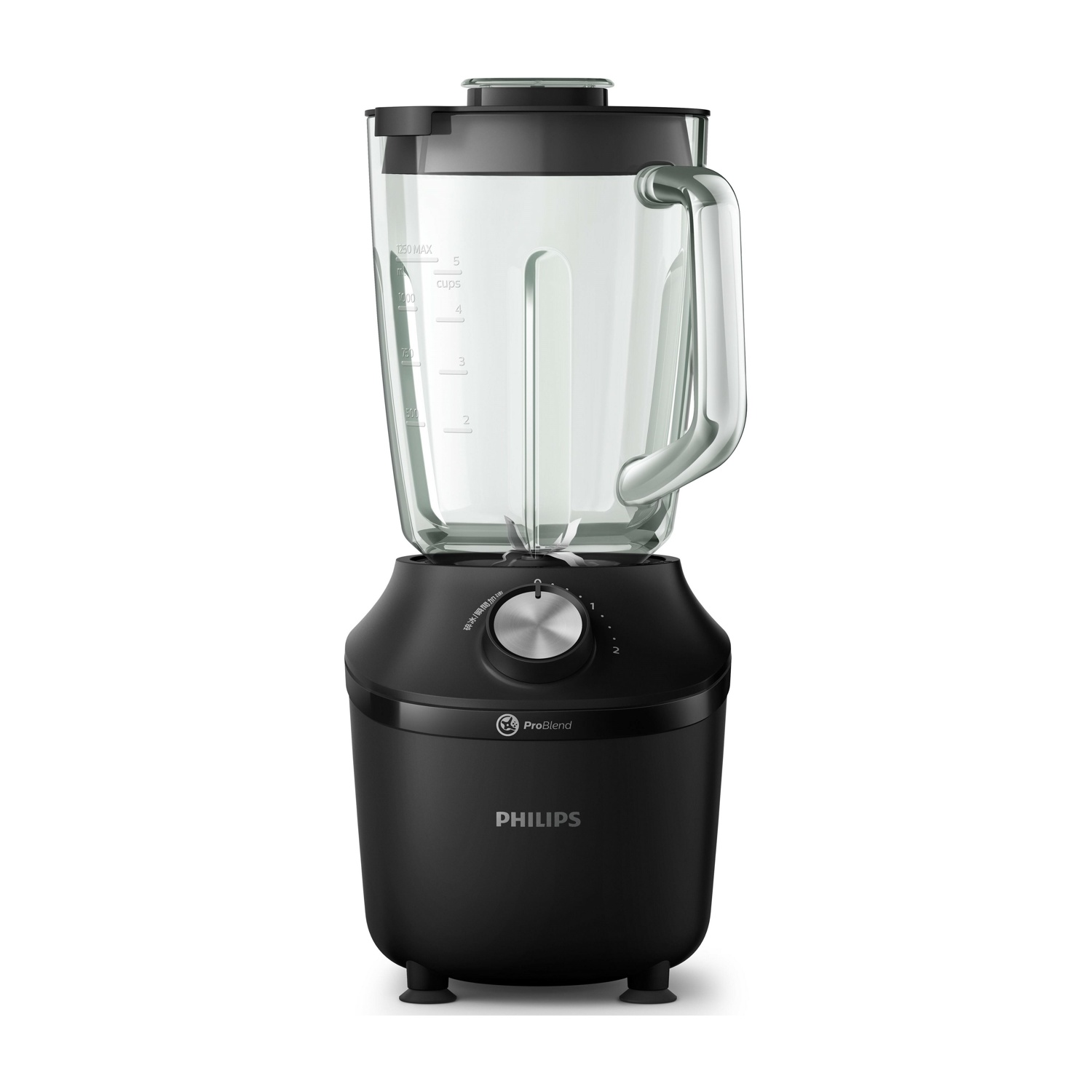 Un frullatore Philips nero con boccale in vetro e quadrante argentato.