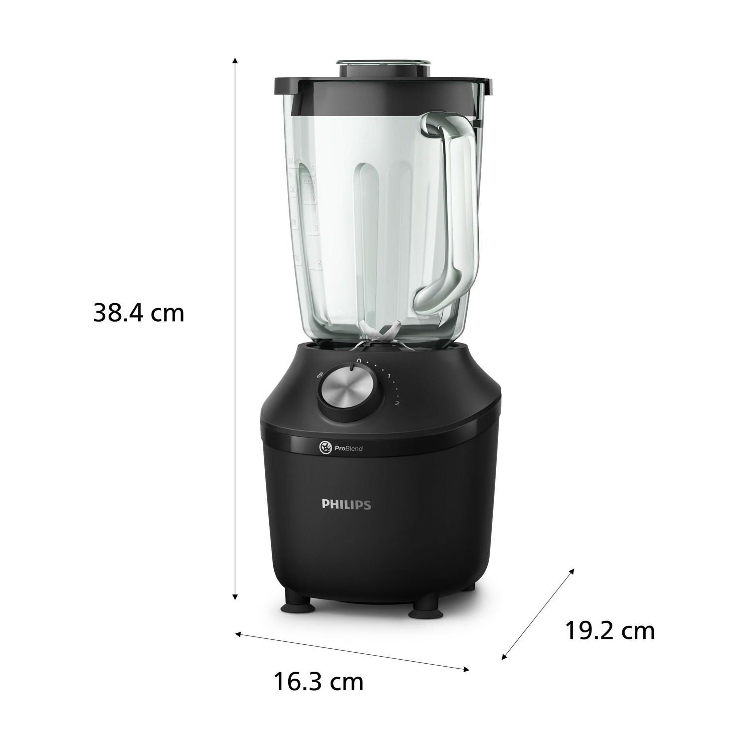 Frullatore Philips nero con boccale in vetro, H 38,4cm, L 19,2cm, P 16,3cm.