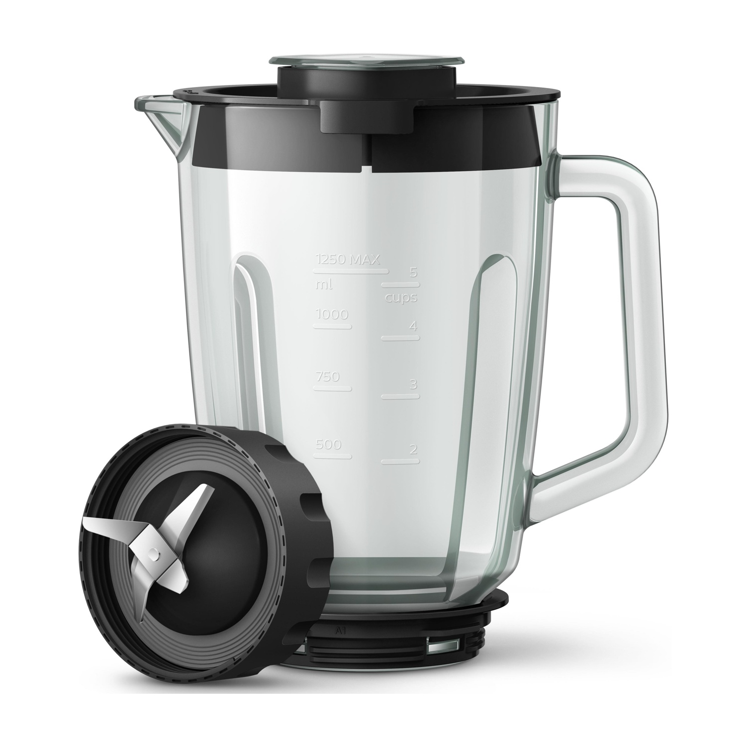 Caraffa frullatore in vetro con coperchio nero e tacche, con gruppo lame.