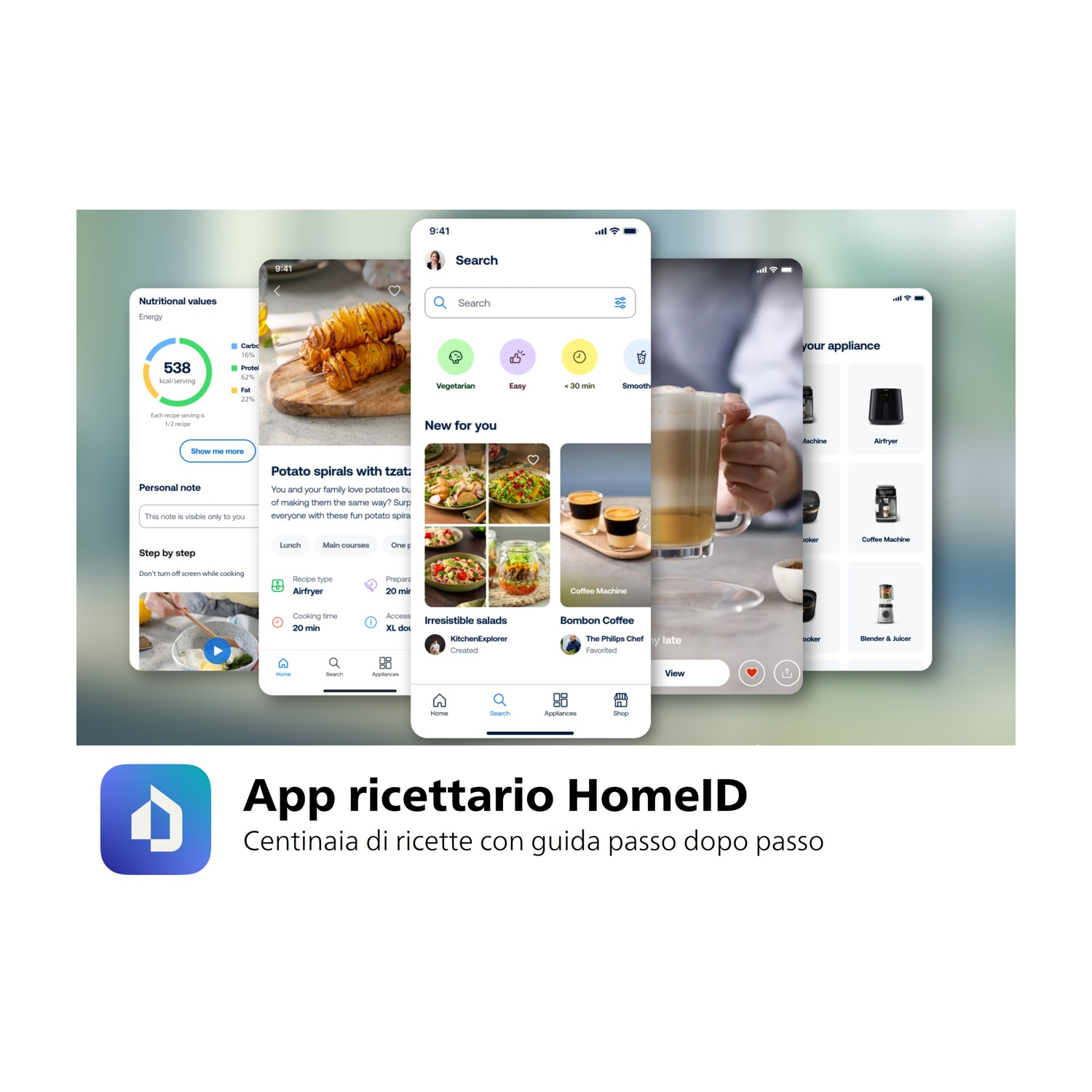Schermi di smartphone mostrano un'app di ricette con piatti, info nutrizionali e elettrodomestici.