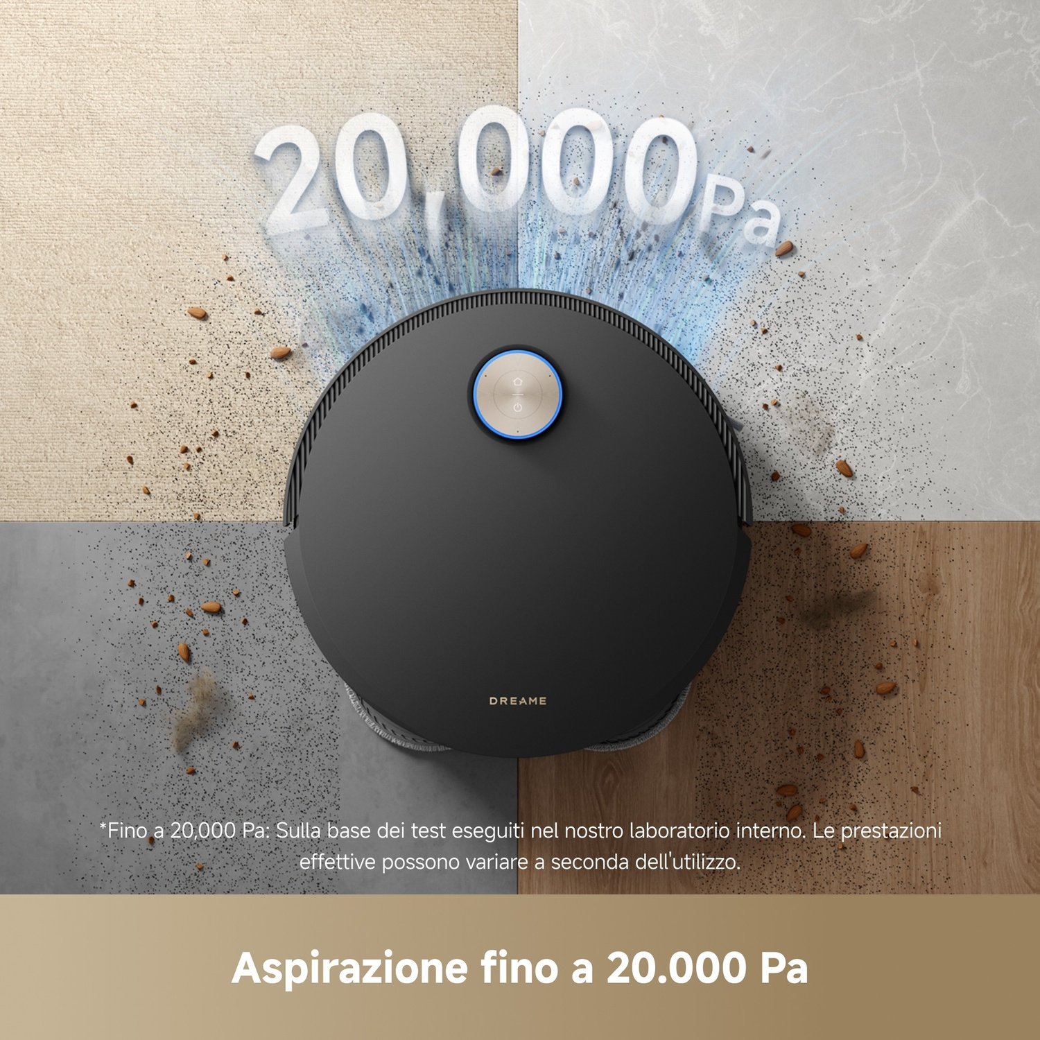 Robot aspirapolvere nero pulisce briciole su vari pavimenti.