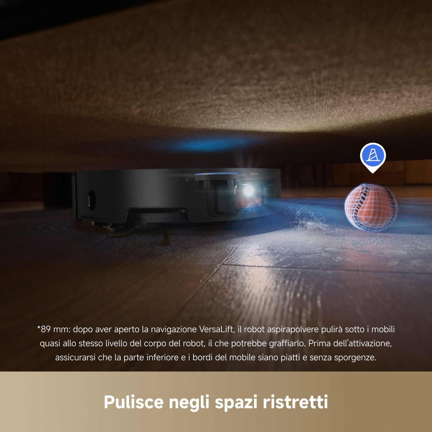 Un robot aspirapolvere pulisce sotto un divano, con una palla vicina.