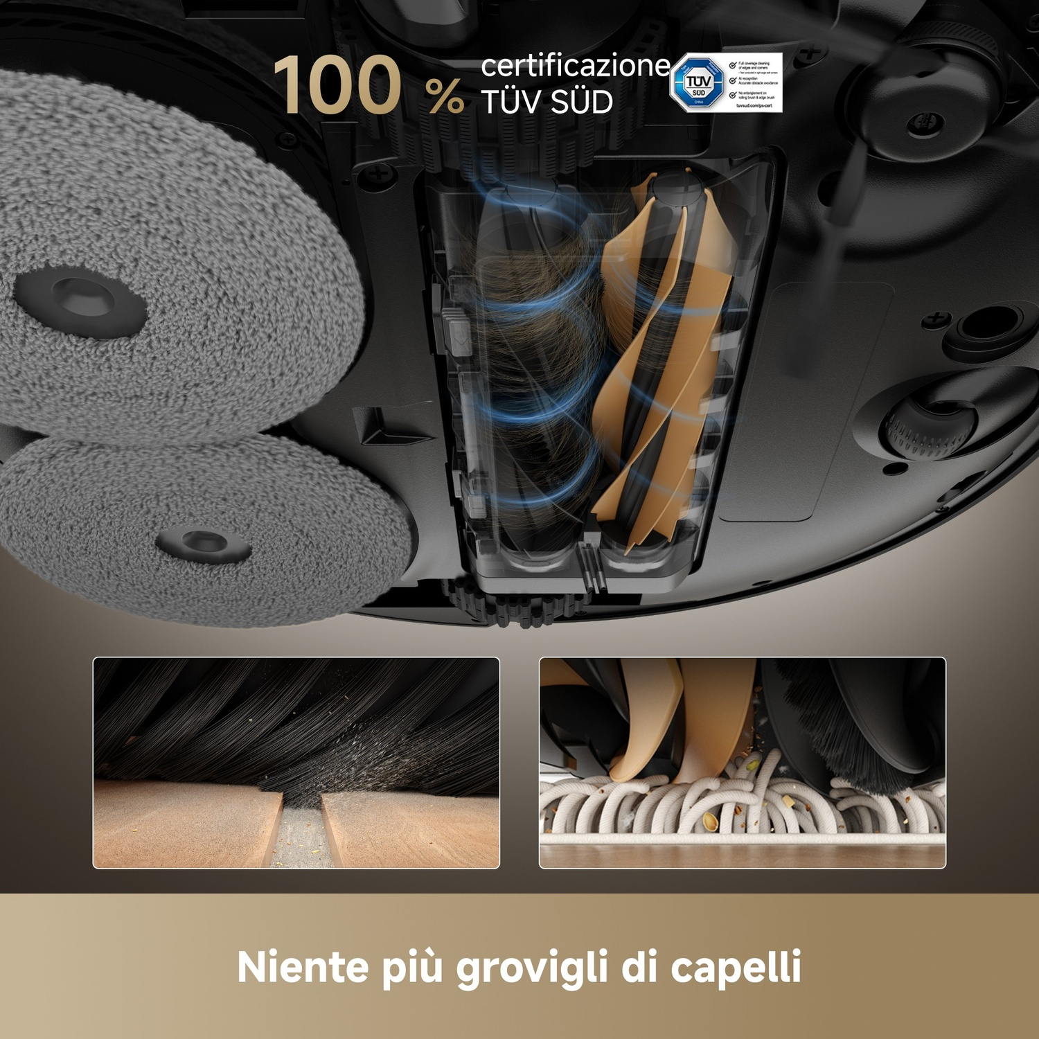 Aspirapolvere robot con spazzole rotanti, certificazione e primi piani meccanismo.