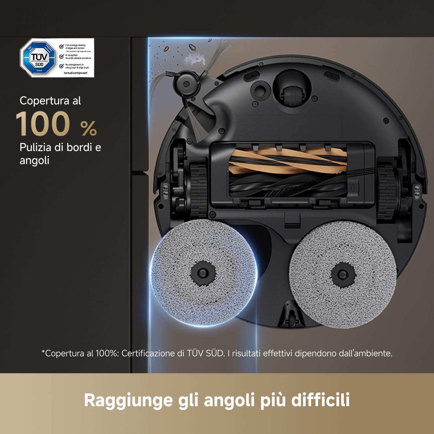 Un robot aspirapolvere con spazzole e panni rotanti, primo piano.