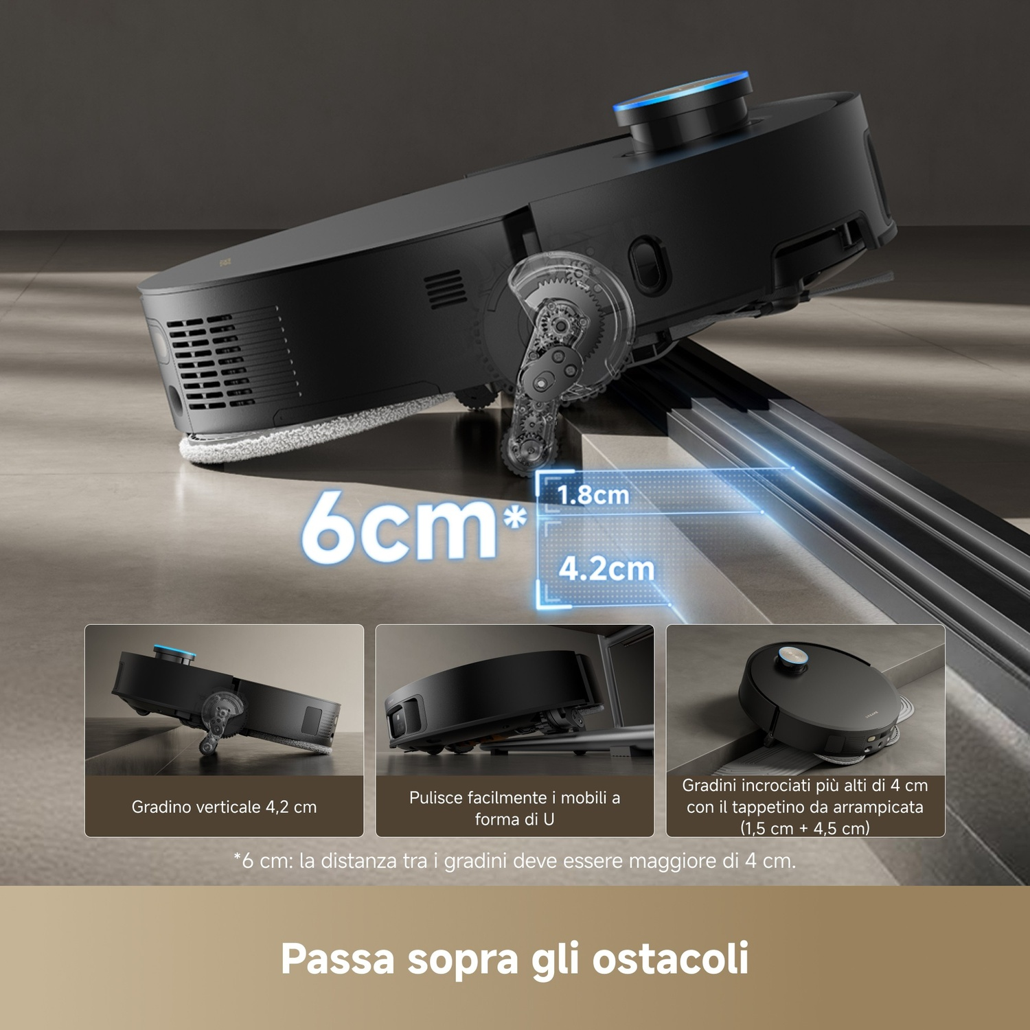 Robot aspirapolvere nero supera ostacoli come gradini alti 4,2 cm.