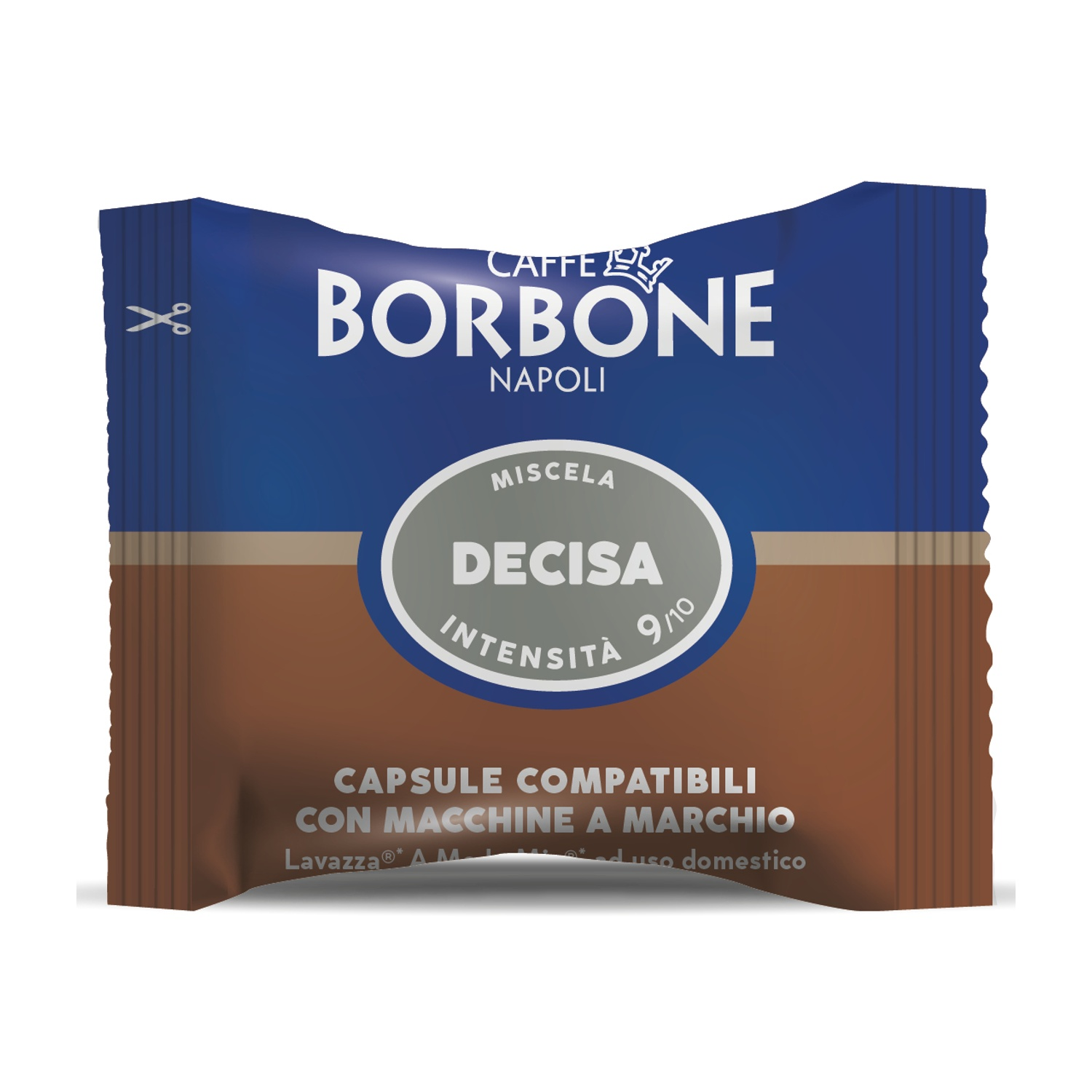 Capsula caffè Borbone Decisa, marrone e blu, intensità 9/10.