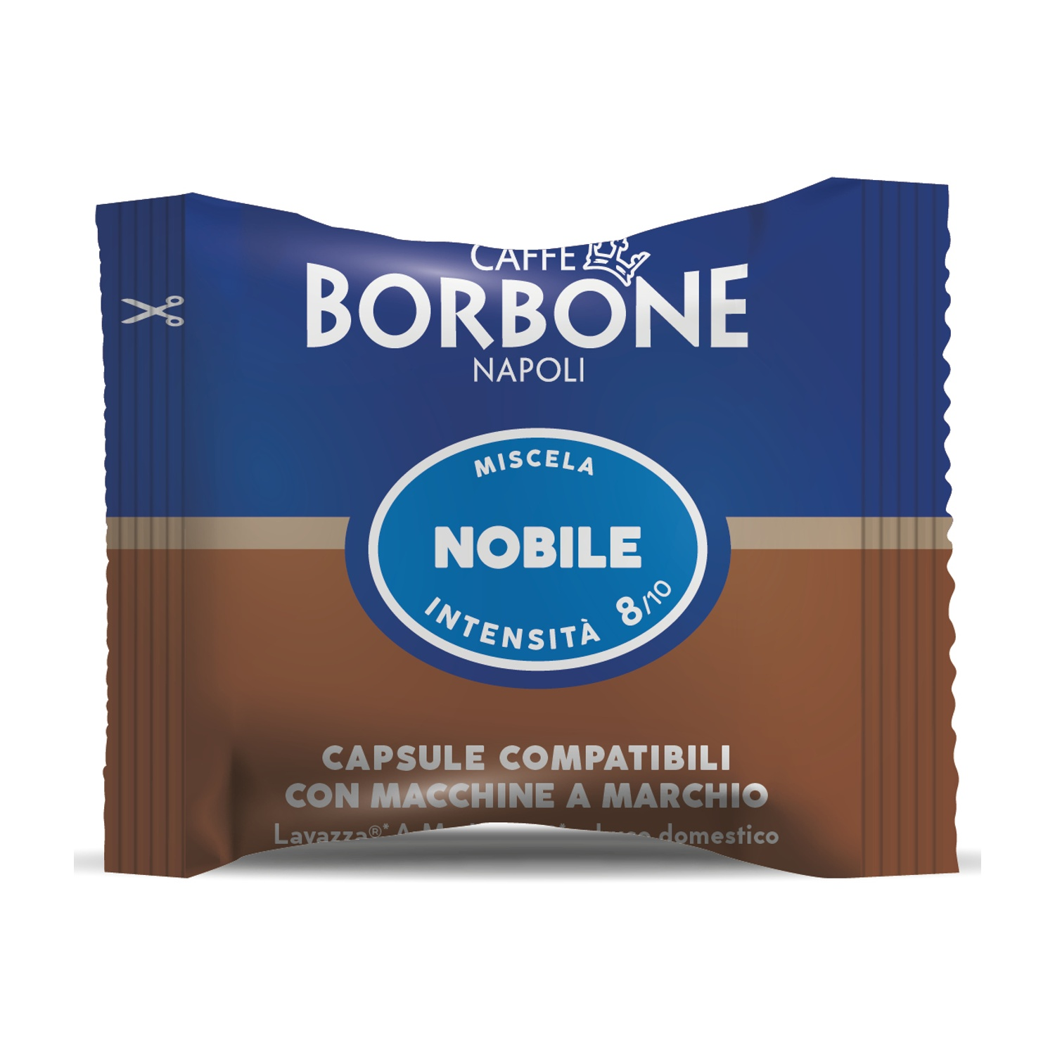 Capsula caffè Caffè Borbone Nobile, marrone e blu, con intensità 8/10.