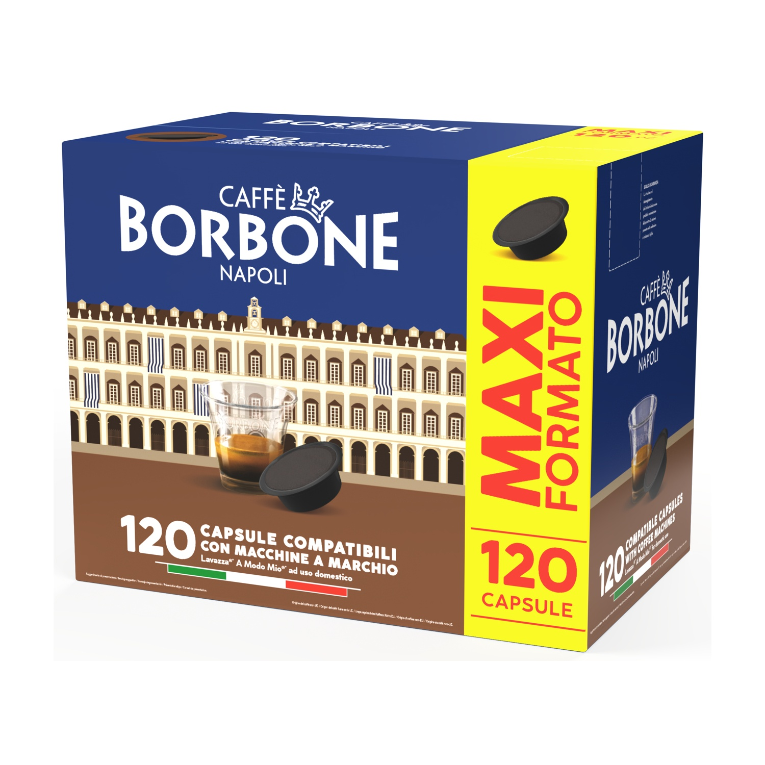 Scatola caffè Borbone 120 capsule, design Napoli.