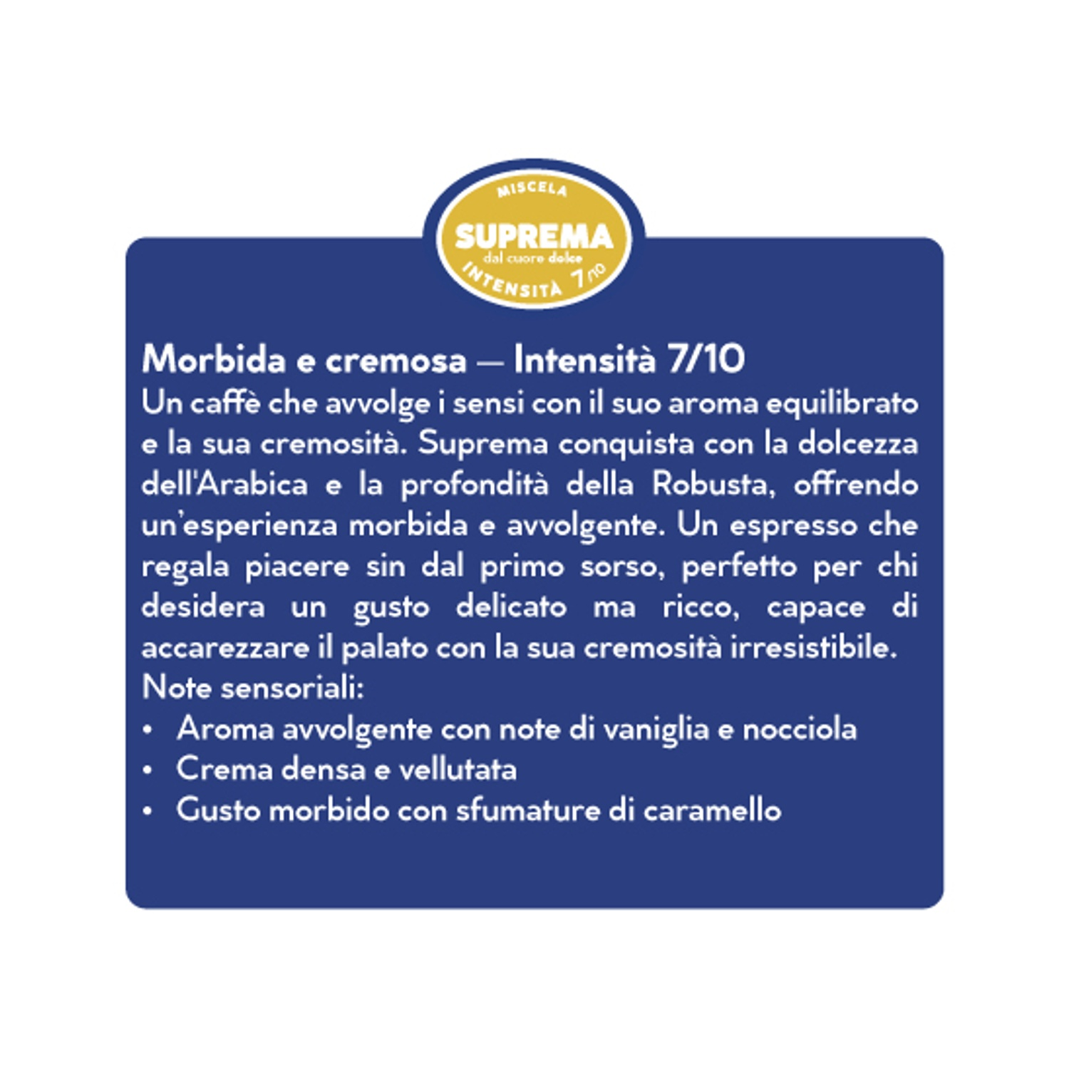 Descrizione caffè: Morbido, cremoso, intensità 7/10. Note vaniglia, nocciola, caramello.