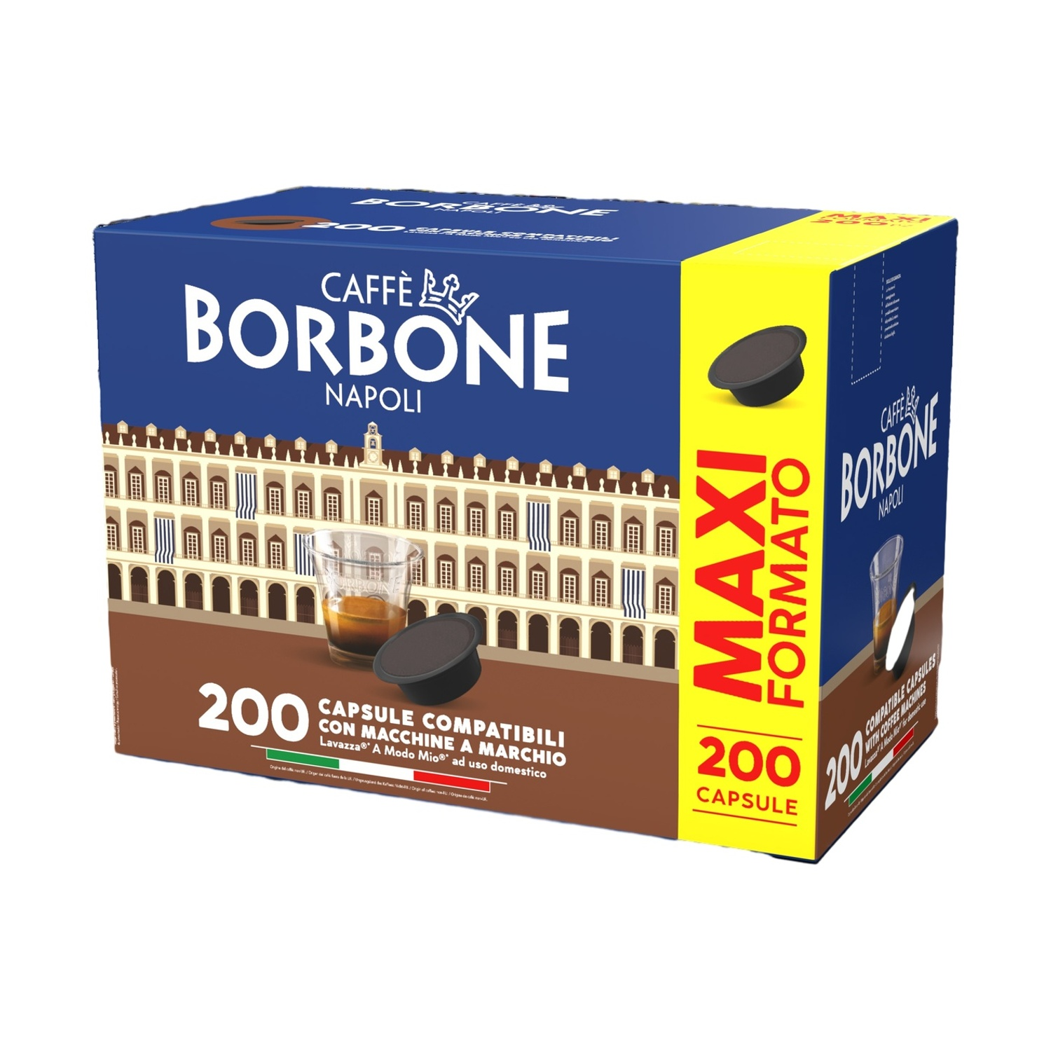 Una scatola blu da 200 capsule caffè Borbone, con illustrazione Napoli e banda gialla Maxi Formato.