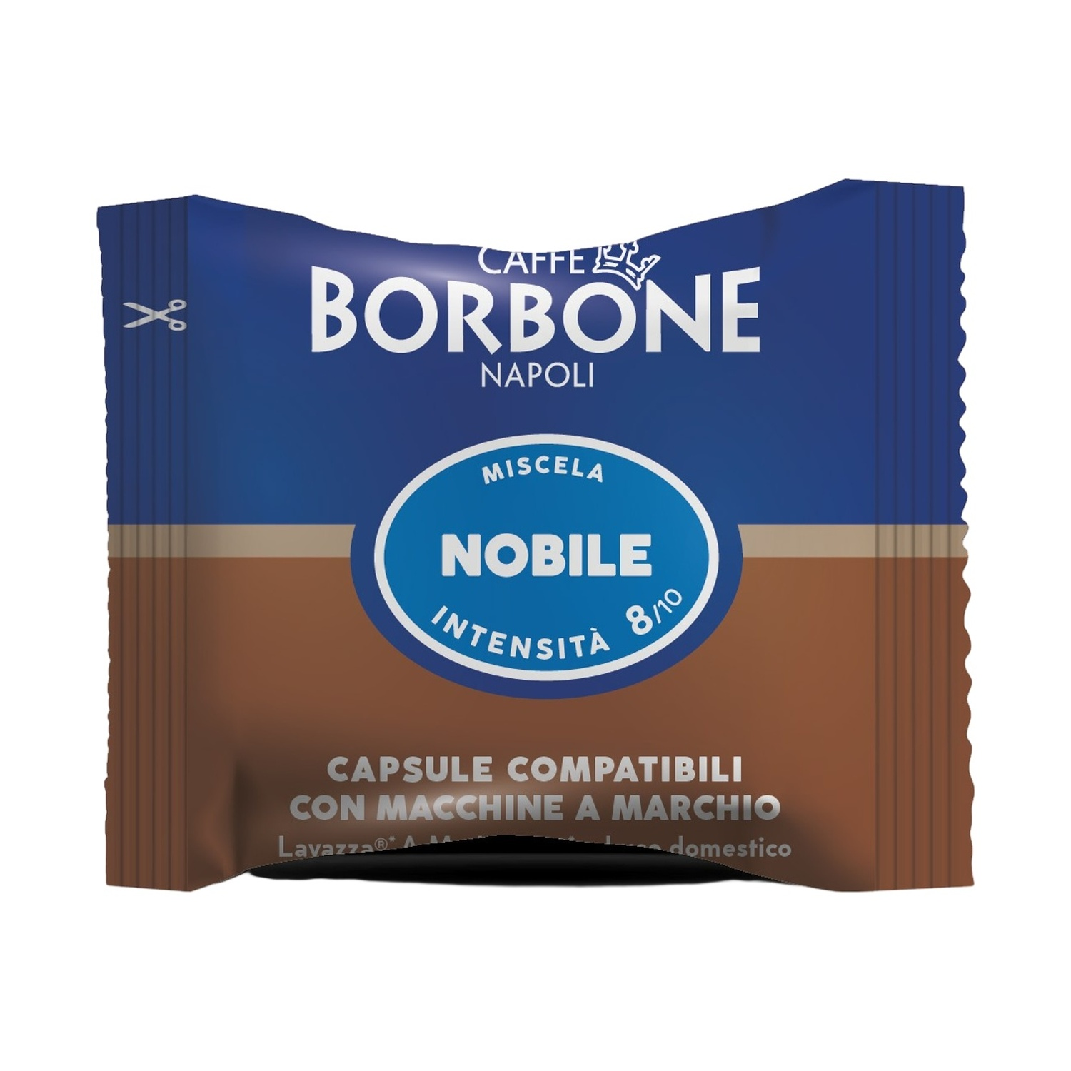 Capsula caffè Borbone, blu e marrone, miscela Nobile, intensità 8/10.