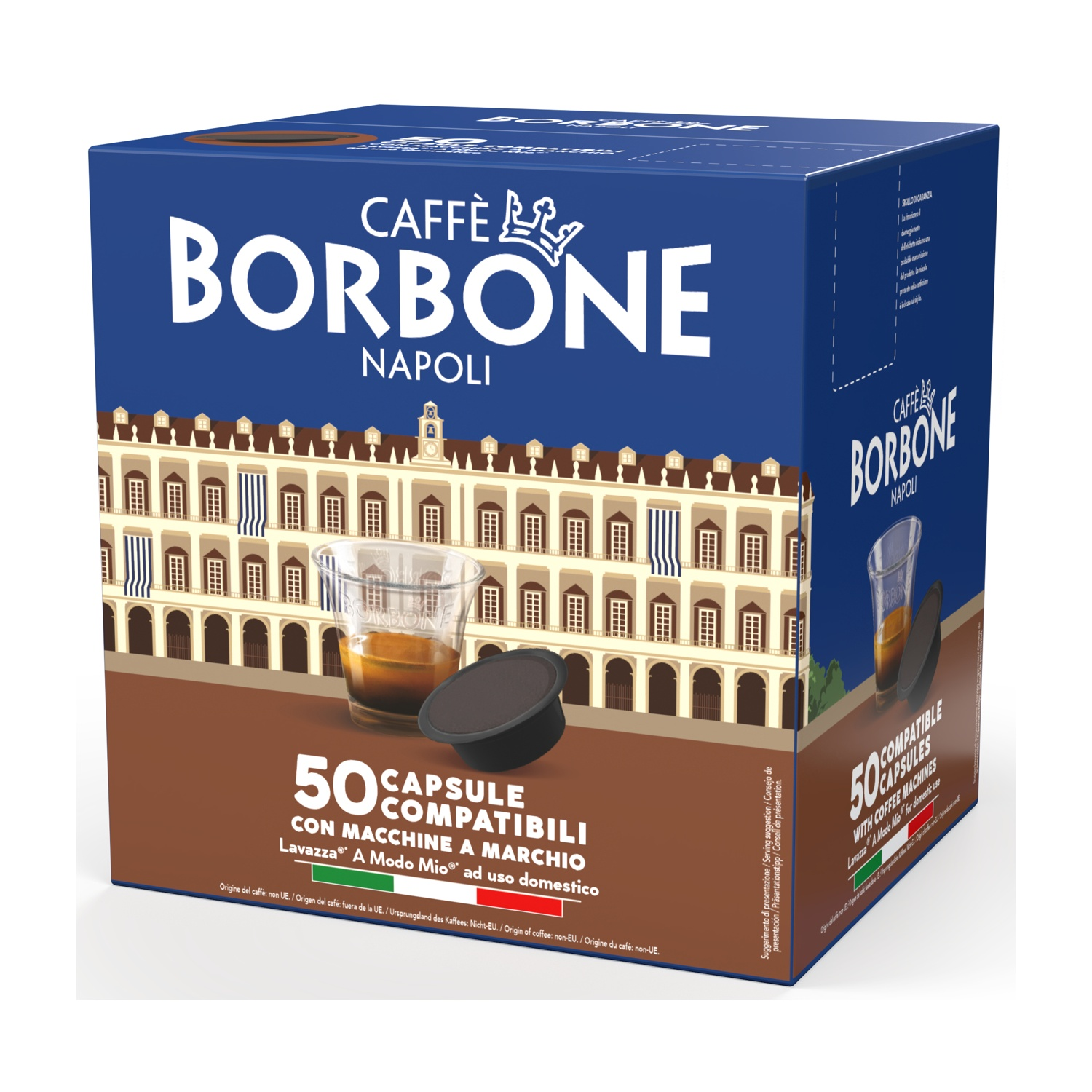 Scatola da 50 capsule caffè Borbone, con illustrazione palazzo.