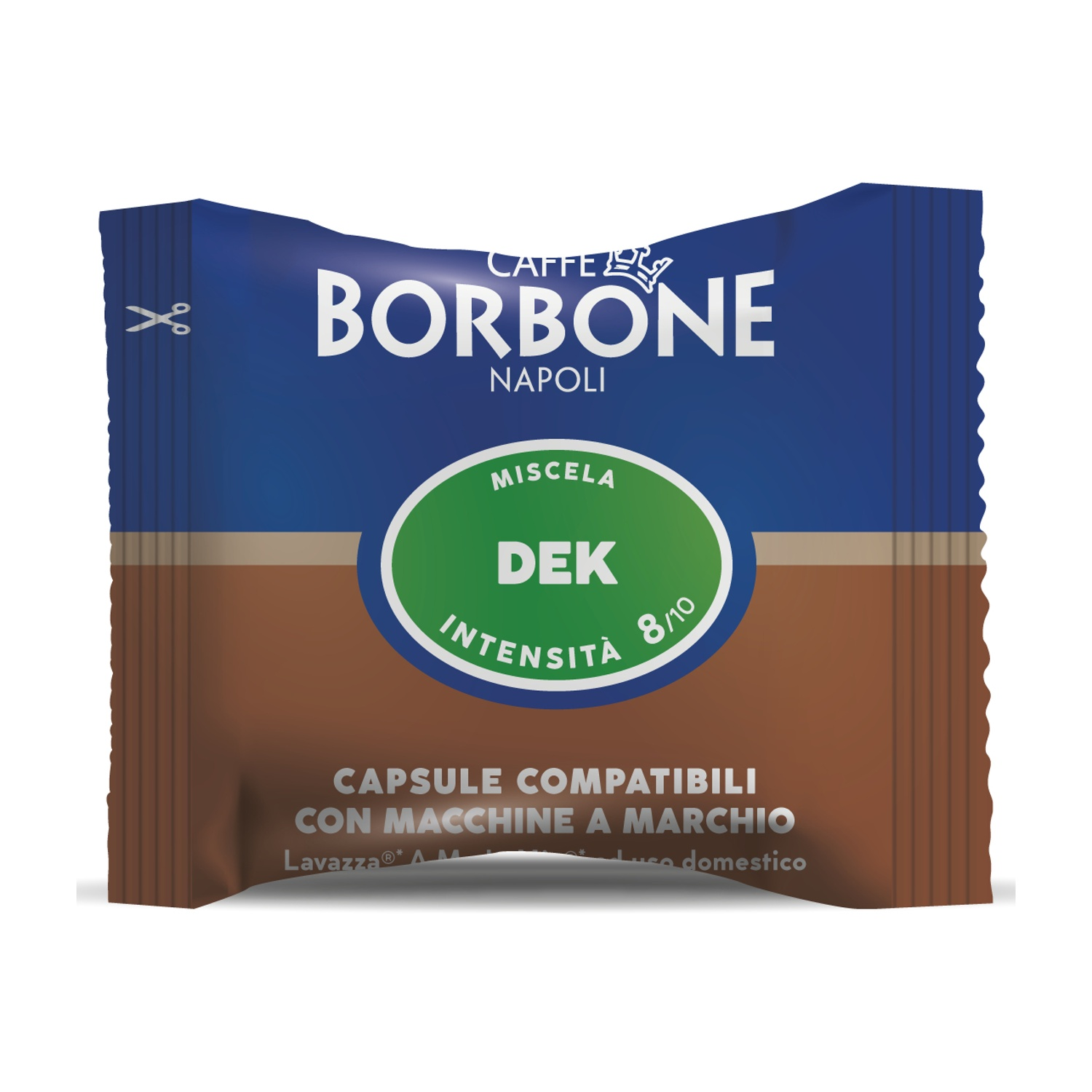Capsula caffè Borbone DEK, marrone e blu con scritte bianche.