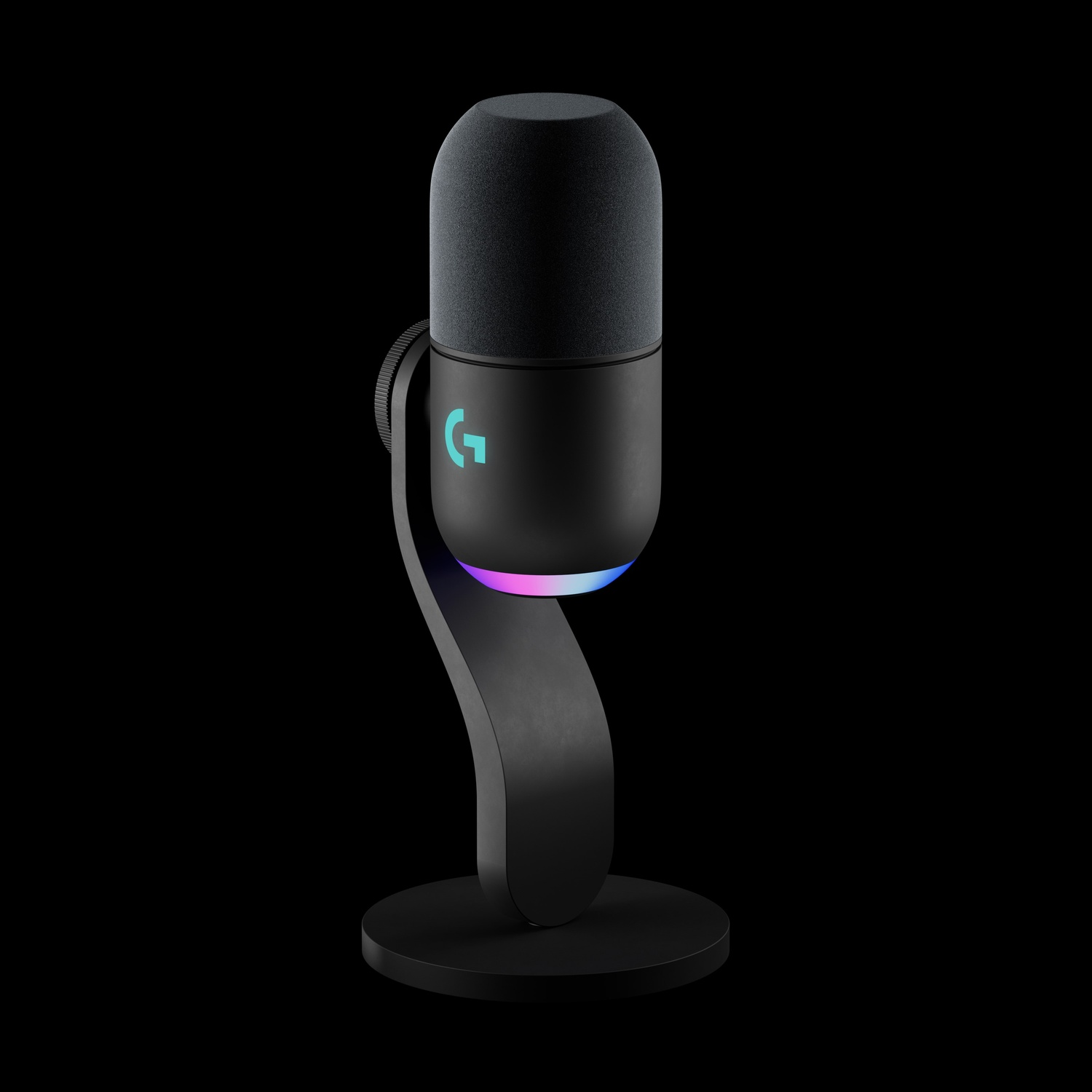 Un microfono nero con logo Logitech G e illuminazione RGB su un supporto.