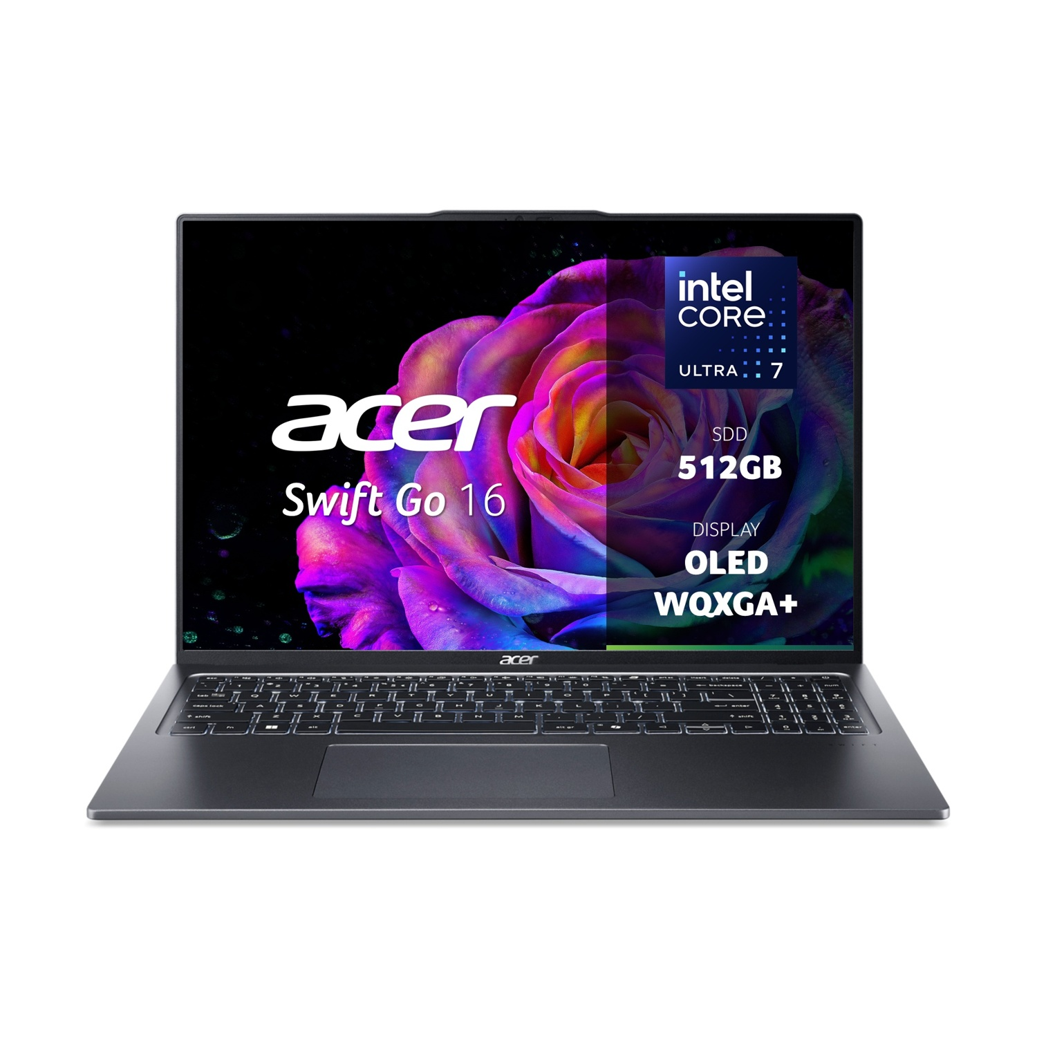 Un laptop Acer Swift Go 16 con processore Intel Core Ultra 7, SSD da 512GB.