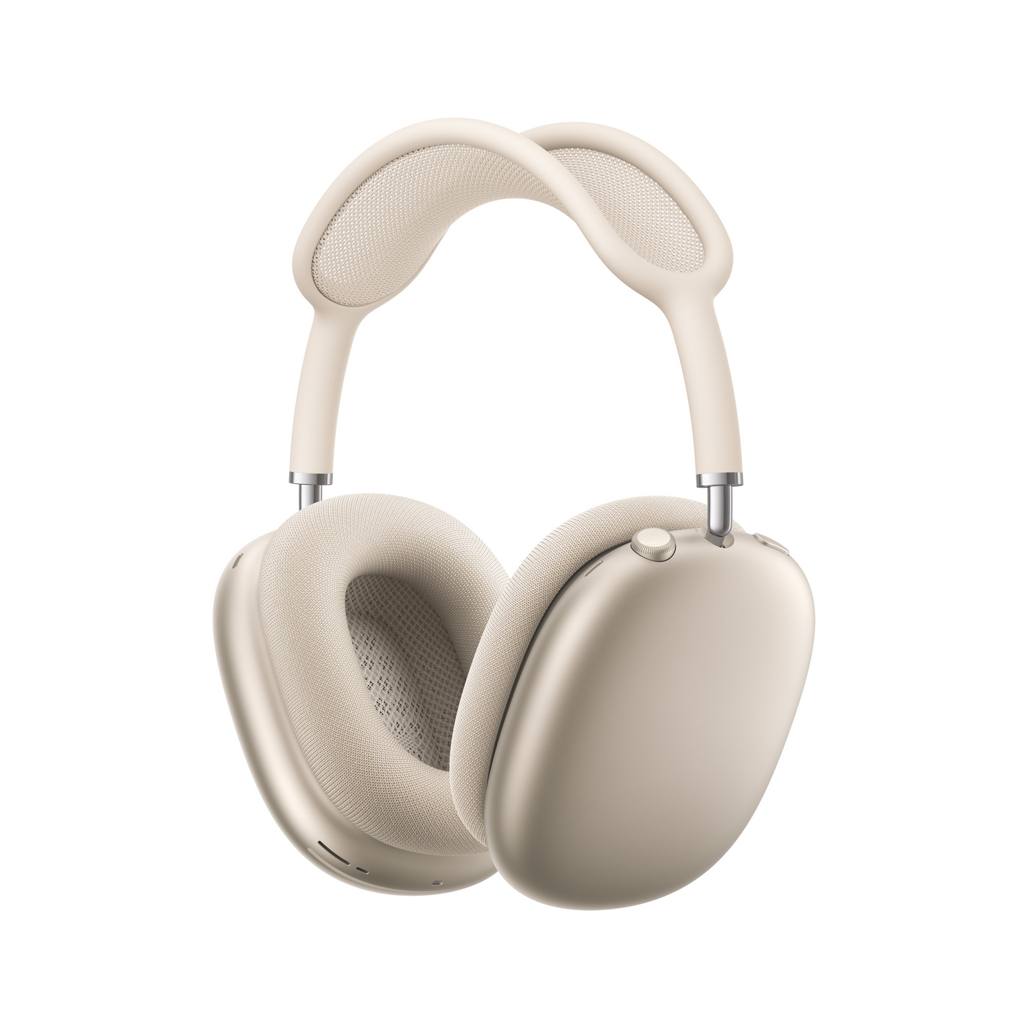 Auriculares beige de diadema con almohadillas de malla y detalles plateados sobre fondo blanco.