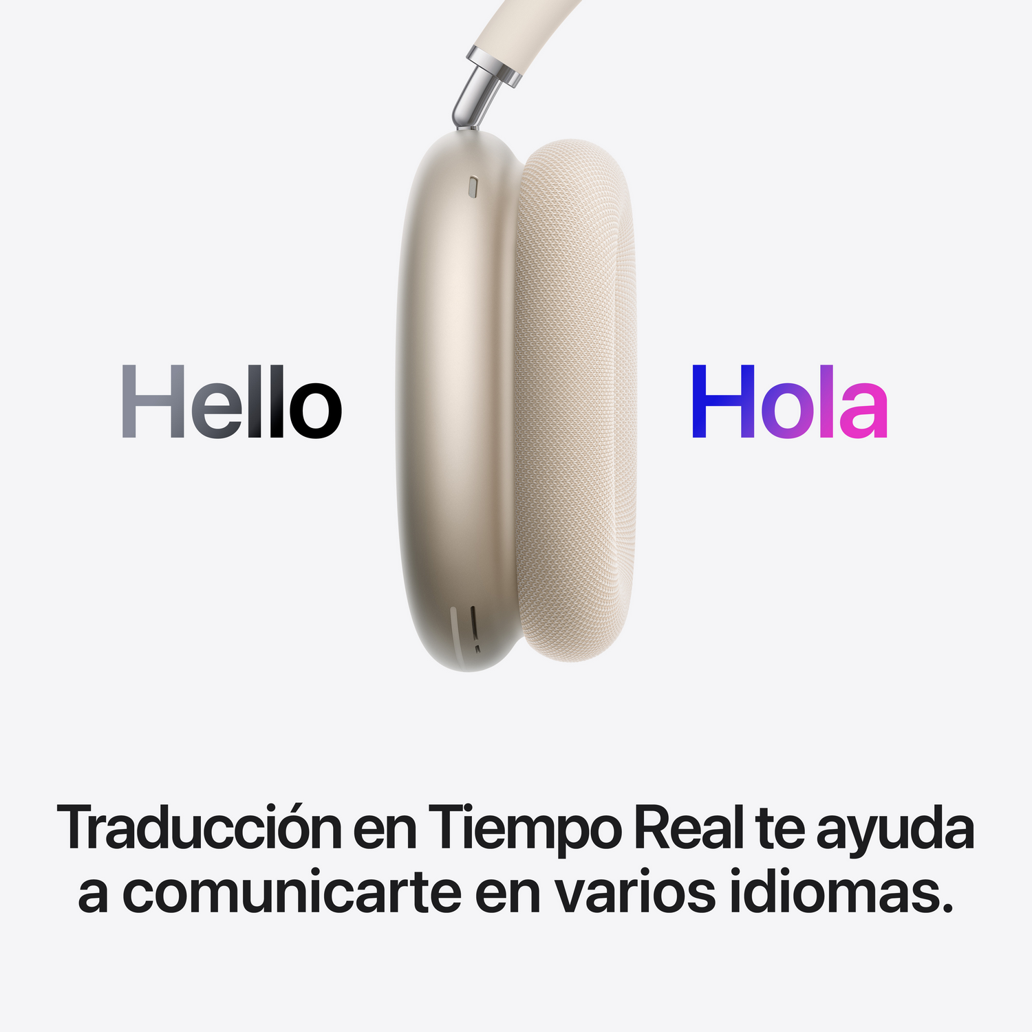 AirPods Max con traducción en Tiempo Real mostrando 'Hello' en gris y 'Hola' en púrpura. Traducción en tiempo real te ayuda a comunicarte en varios idiomas.