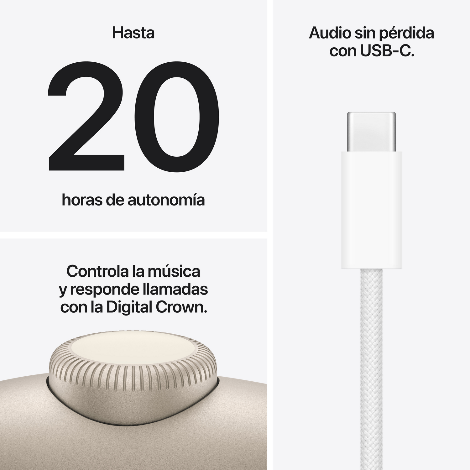 Auricular inalámbrico lavanda con Digital Crown. "Hasta 20 horas de autonomía". "Controla la música y responde llamadas con la Digital Crown". Cable blanco. "Audio sin pérdida con USB-C."