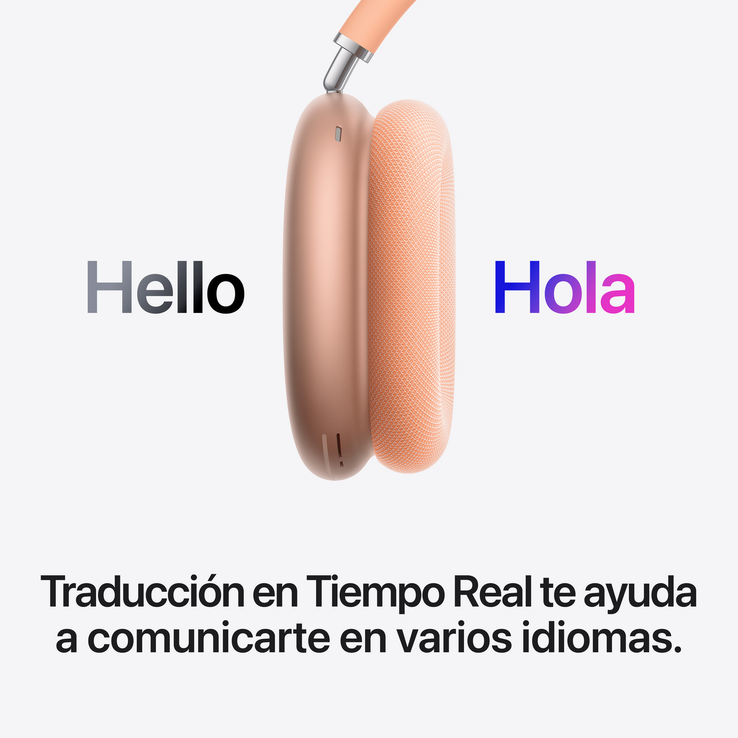 AirPods Max con traducción en Tiempo Real mostrando 'Hello' en gris y 'Hola' en púrpura. Traducción en tiempo real te ayuda a comunicarte en varios idiomas.