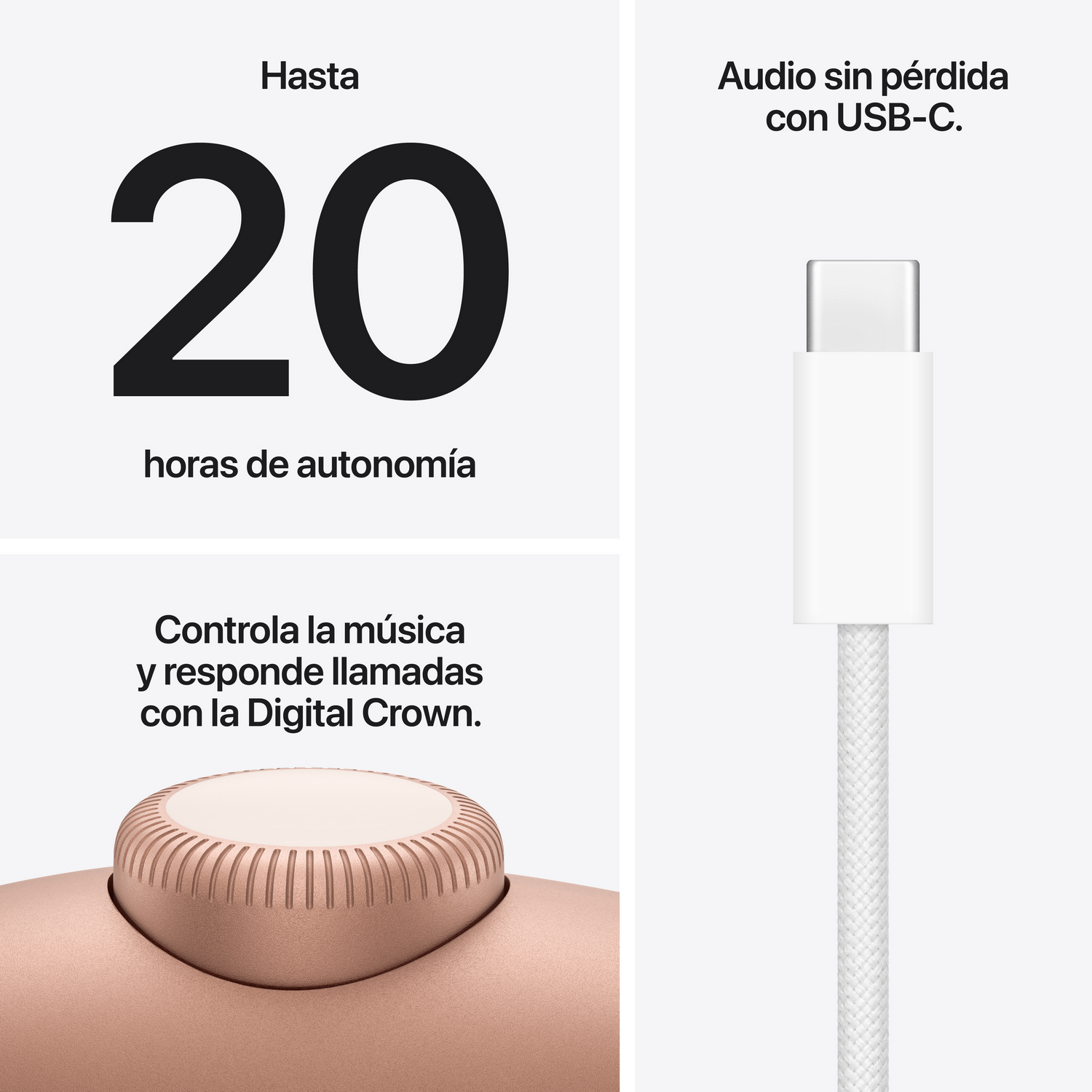 Auricular inalámbrico lavanda con Digital Crown. "Hasta 20 horas de autonomía". "Controla la música y responde llamadas con la Digital Crown". Cable blanco. "Audio sin pérdida con USB-C."