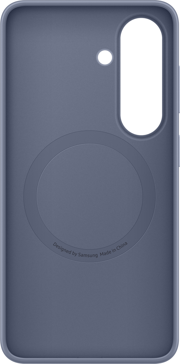 Custodia blu per telefono con motivo circolare e testo.
