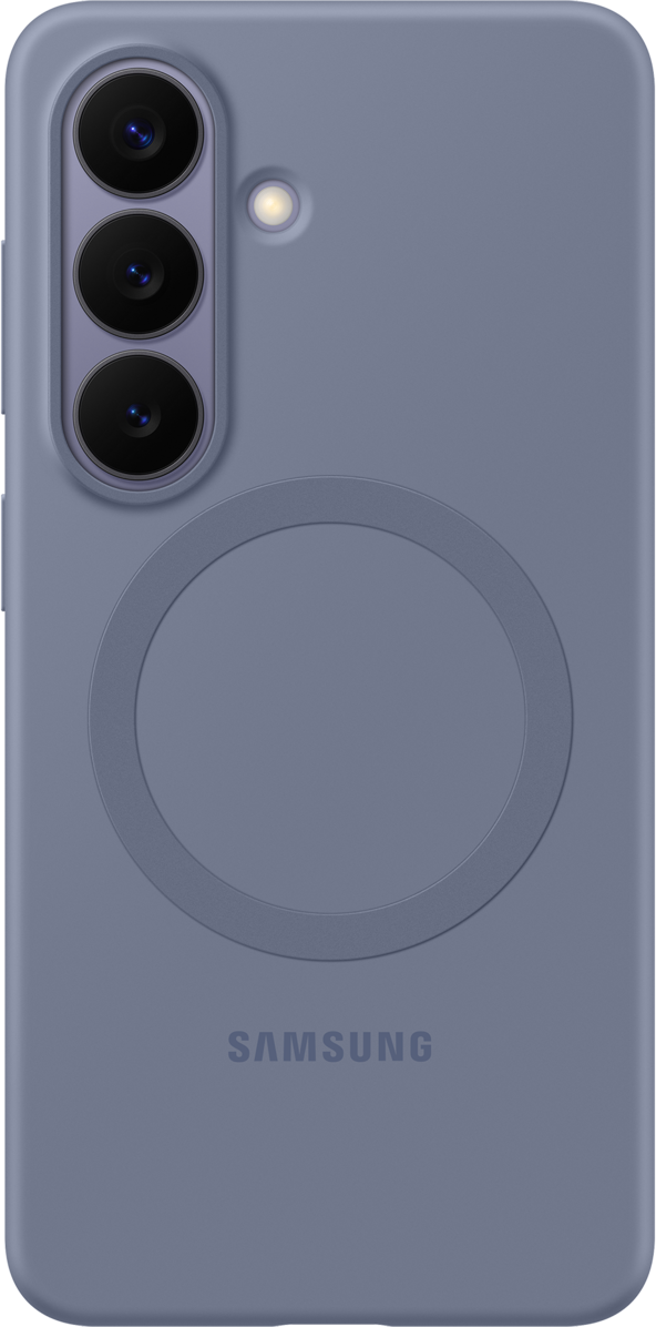 Custodia viola per telefono con tre fotocamere, flash e logo Samsung.