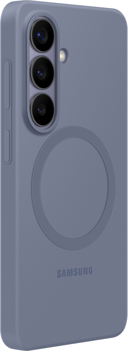 Una cover viola per telefono con tre fotocamere e logo Samsung.