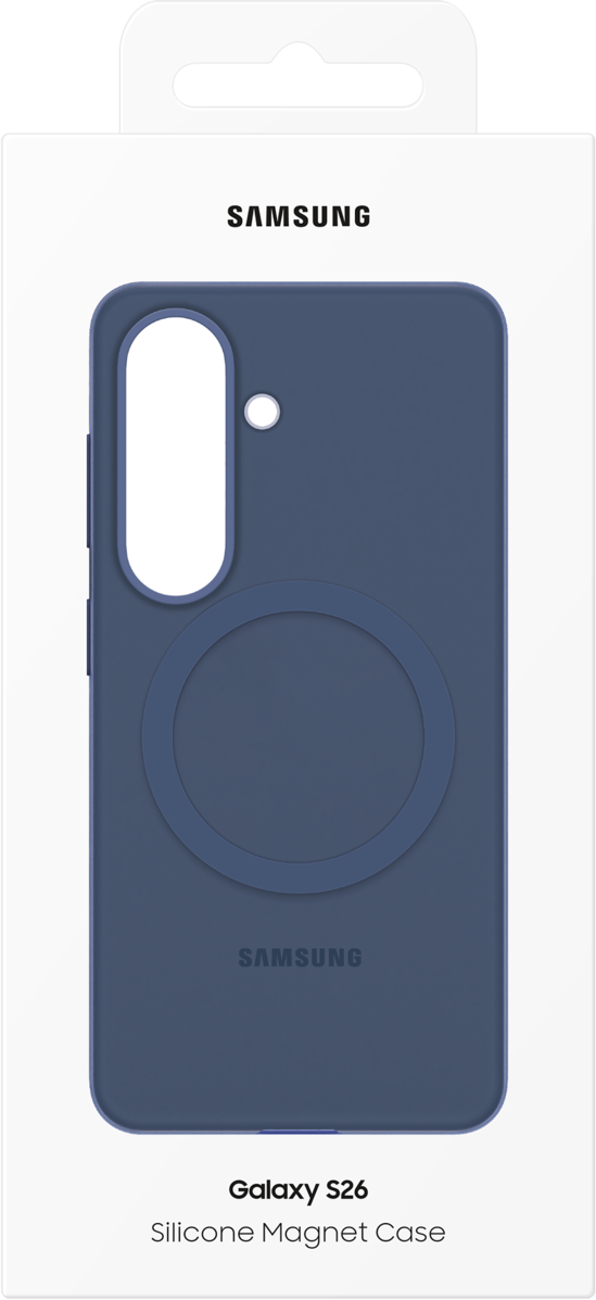 Custodia Samsung Galaxy S26 blu navy con anello magnetico e foro fotocamera.