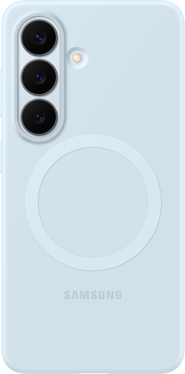 Telefono azzurro con tre fotocamere e un anello circolare sul retro.