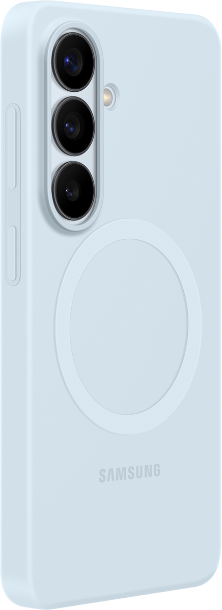 Telefono azzurro con fotocamere e design circolare in rilievo. Logo Samsung sotto.