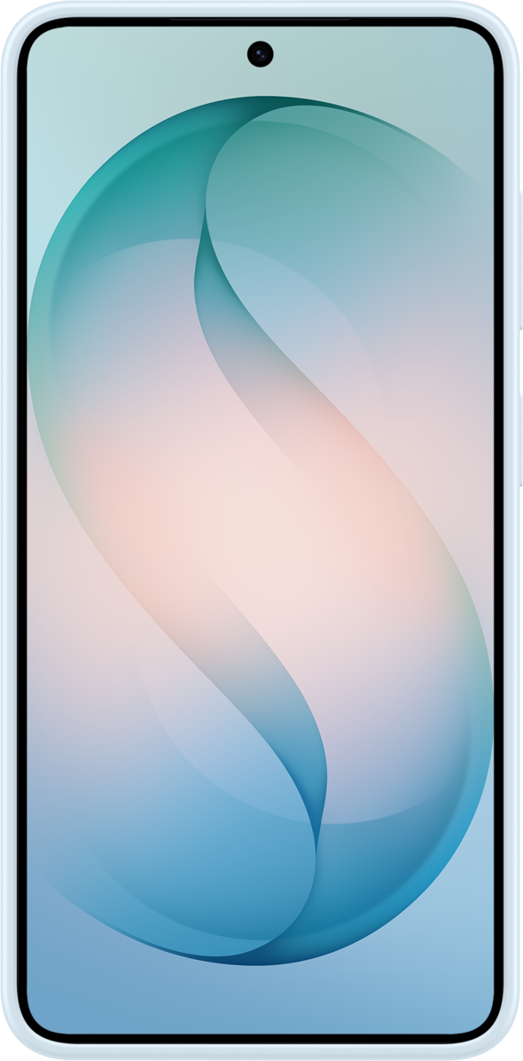 Uno smartphone con uno sfondo blu e rosa con linee curve.