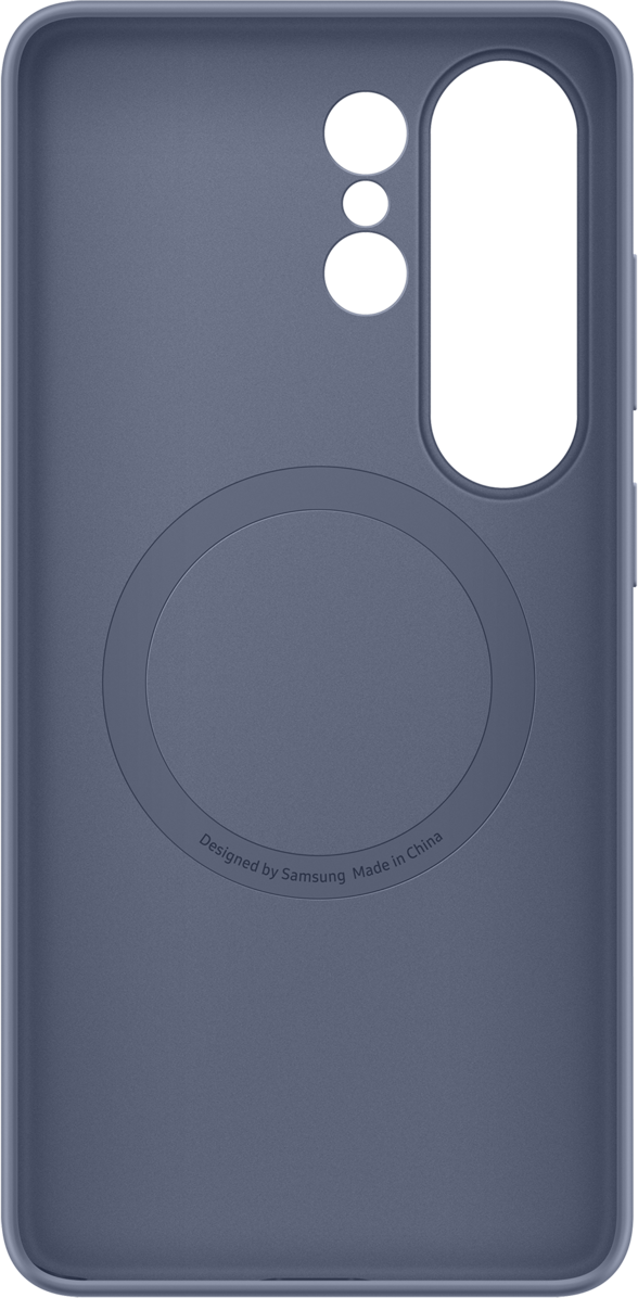 Custodia blu per telefono con ritagli per fotocamera e motivo circolare.