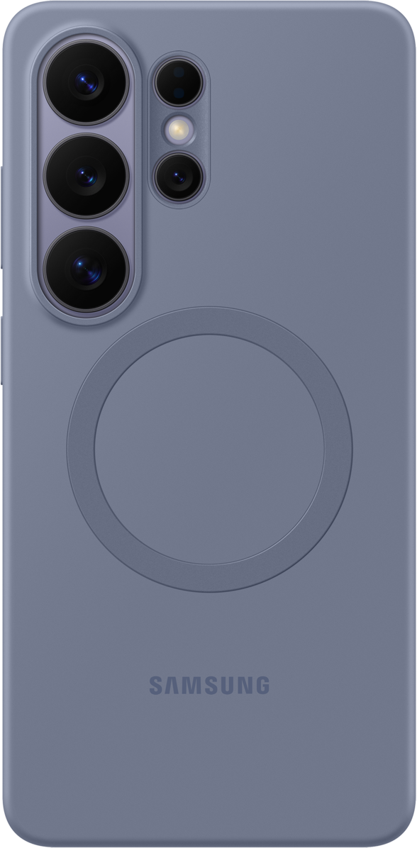 Retro di cover viola con gruppo fotocamera e logo Samsung.