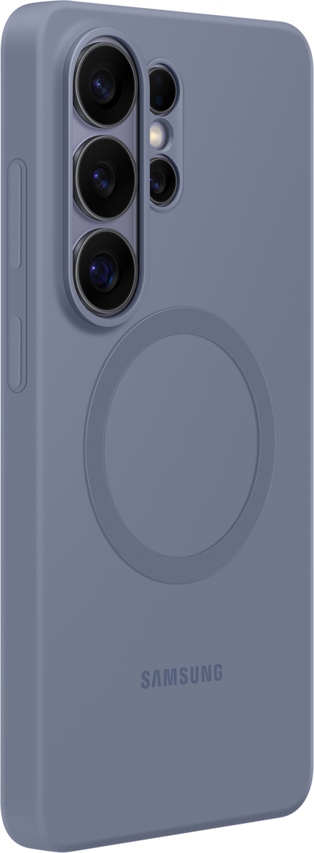 Una custodia viola con anello magnetico circolare e modulo fotocamera.