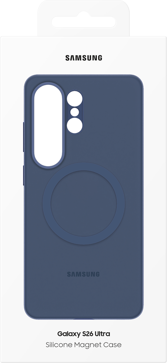 Custodia Samsung Galaxy S26 Ultra blu scuro in silicone magnetico.