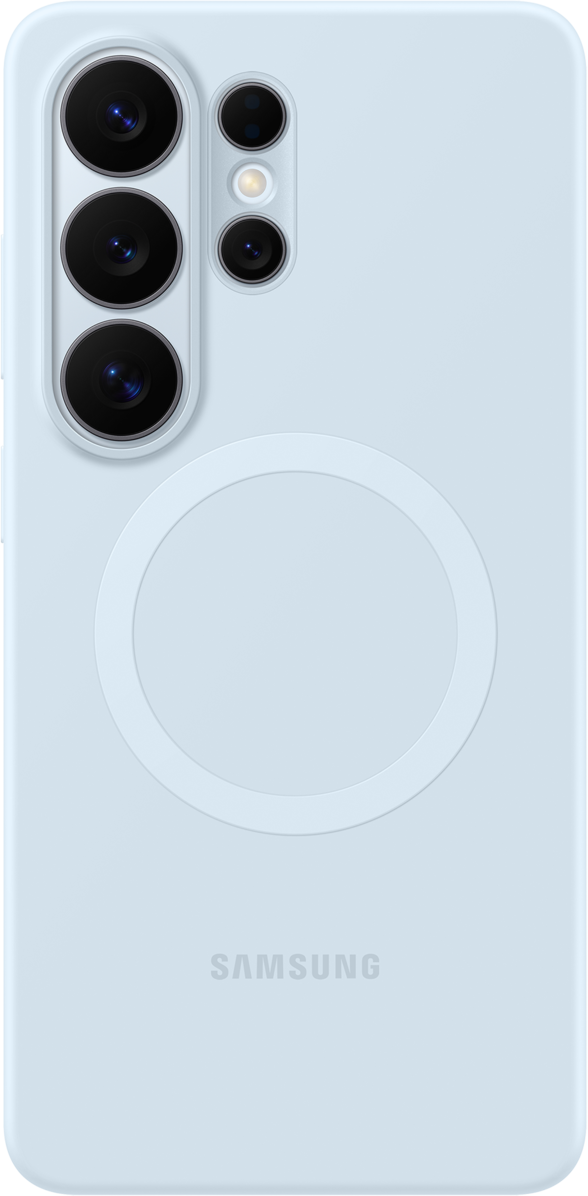 Retro di uno smartphone azzurro con quattro fotocamere e un anello magnetico circolare.