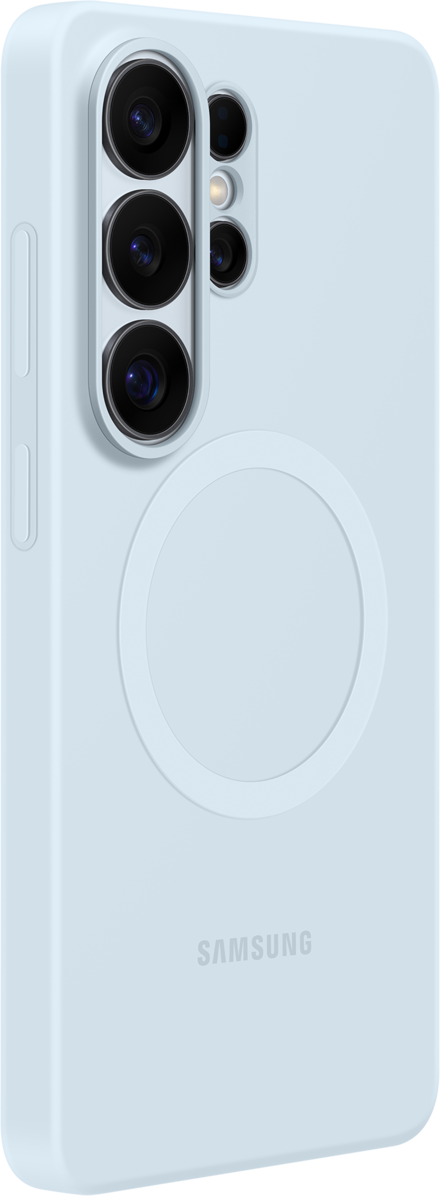 Custodia azzurra per telefono con isola della fotocamera e logo Samsung.