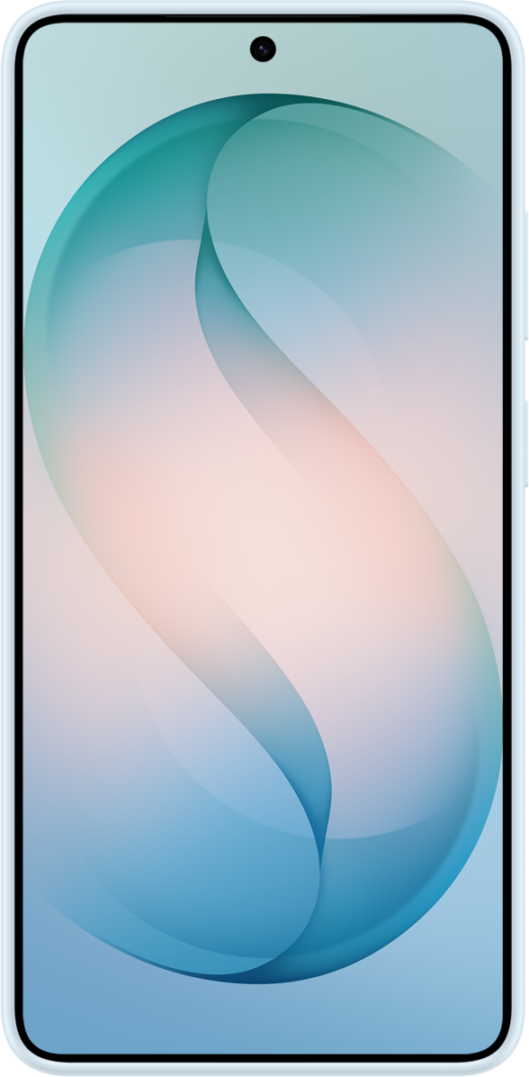 Uno smartphone con uno sfondo astratto e fluente nei toni del blu e del rosa.