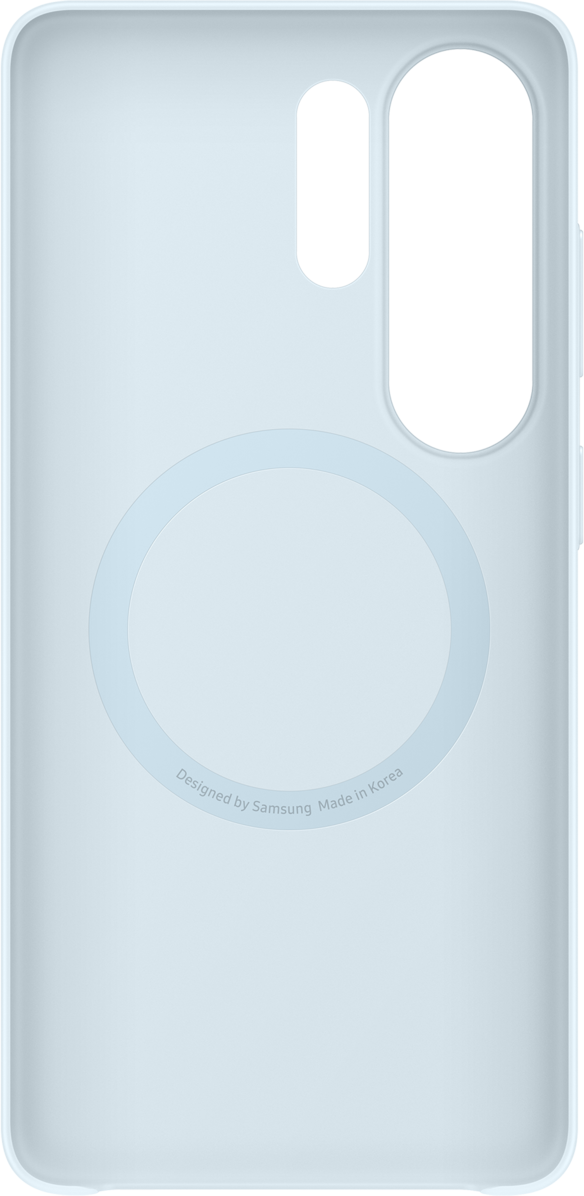 Custodia blu chiaro per telefono con ritagli fotocamera e cerchio MagSafe.