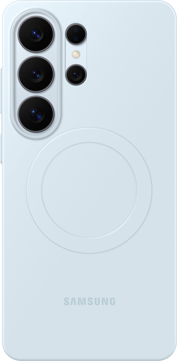 Smartphone azzurro con array di fotocamere e segno circolare per punto di ricarica.