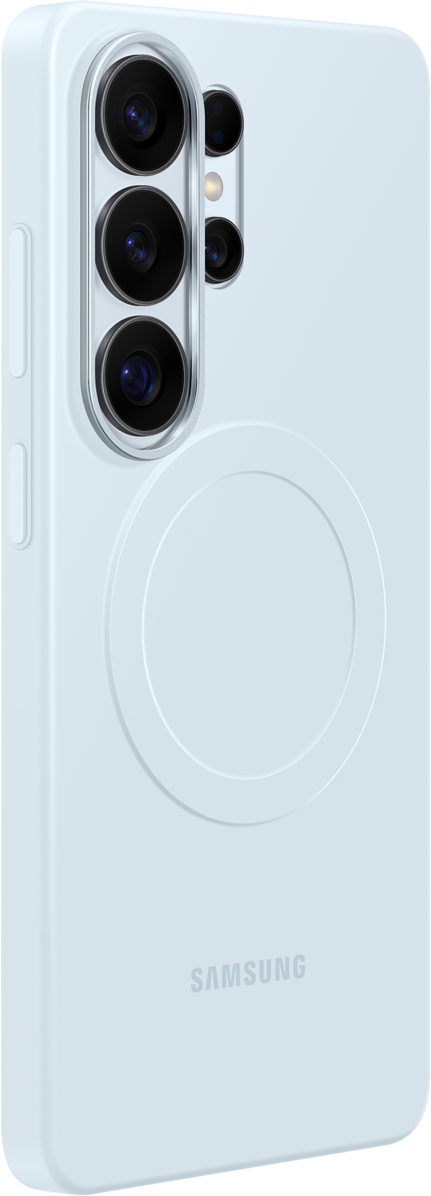Telefono azzurro con fotocamere e logo Samsung.