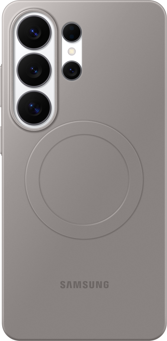Retro di un telefono Samsung grigio con quattro fotocamere e un cerchio.