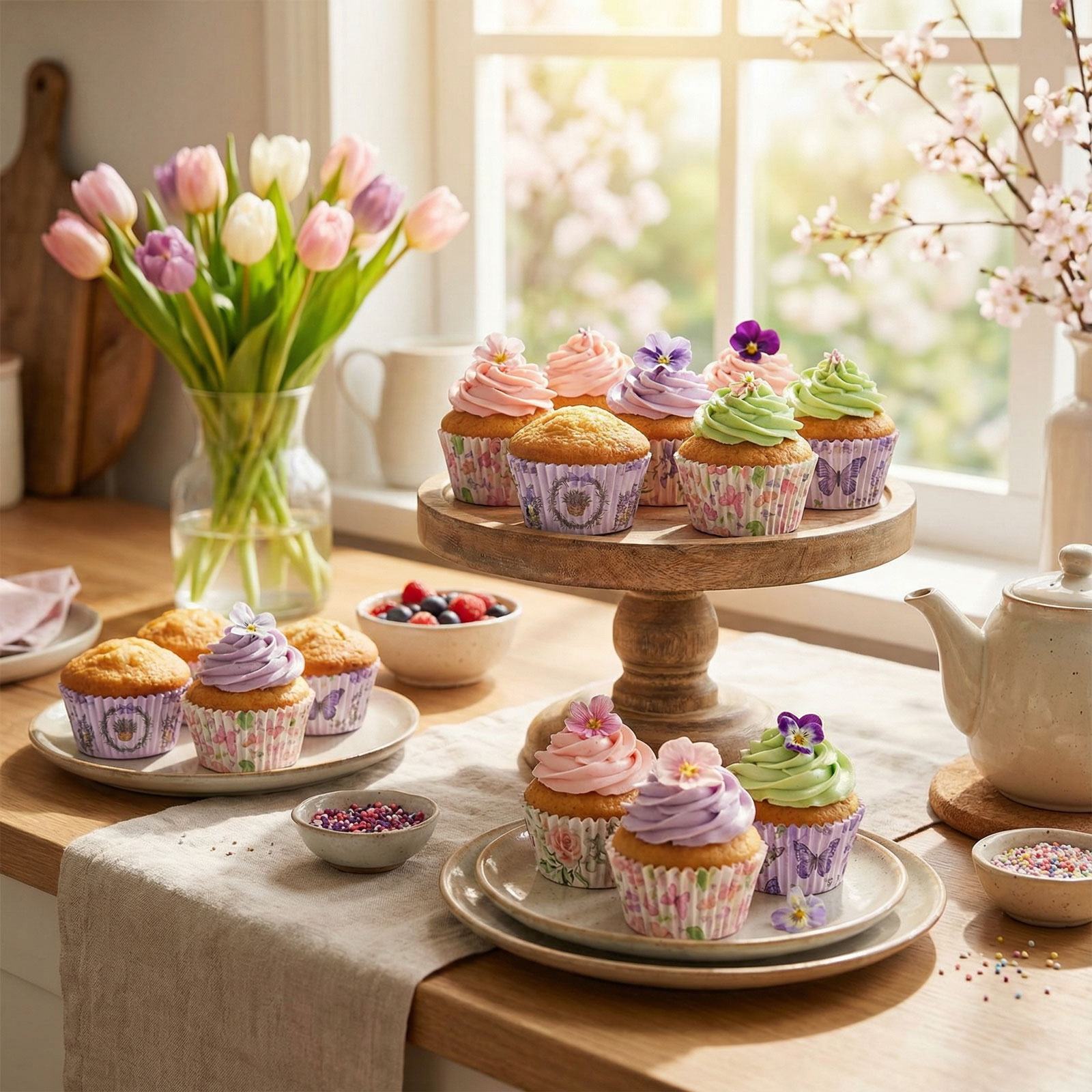 Színes cupcake-ek virágokkal és bogyókkal faasztalon.