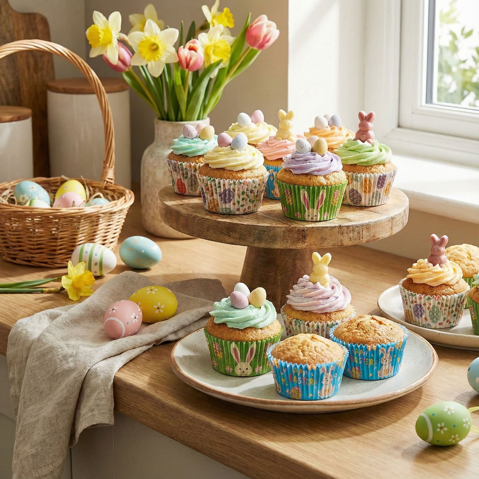 Színes húsvéti muffinok mázzal, nyuszikkal és tojásokkal fa állványon.