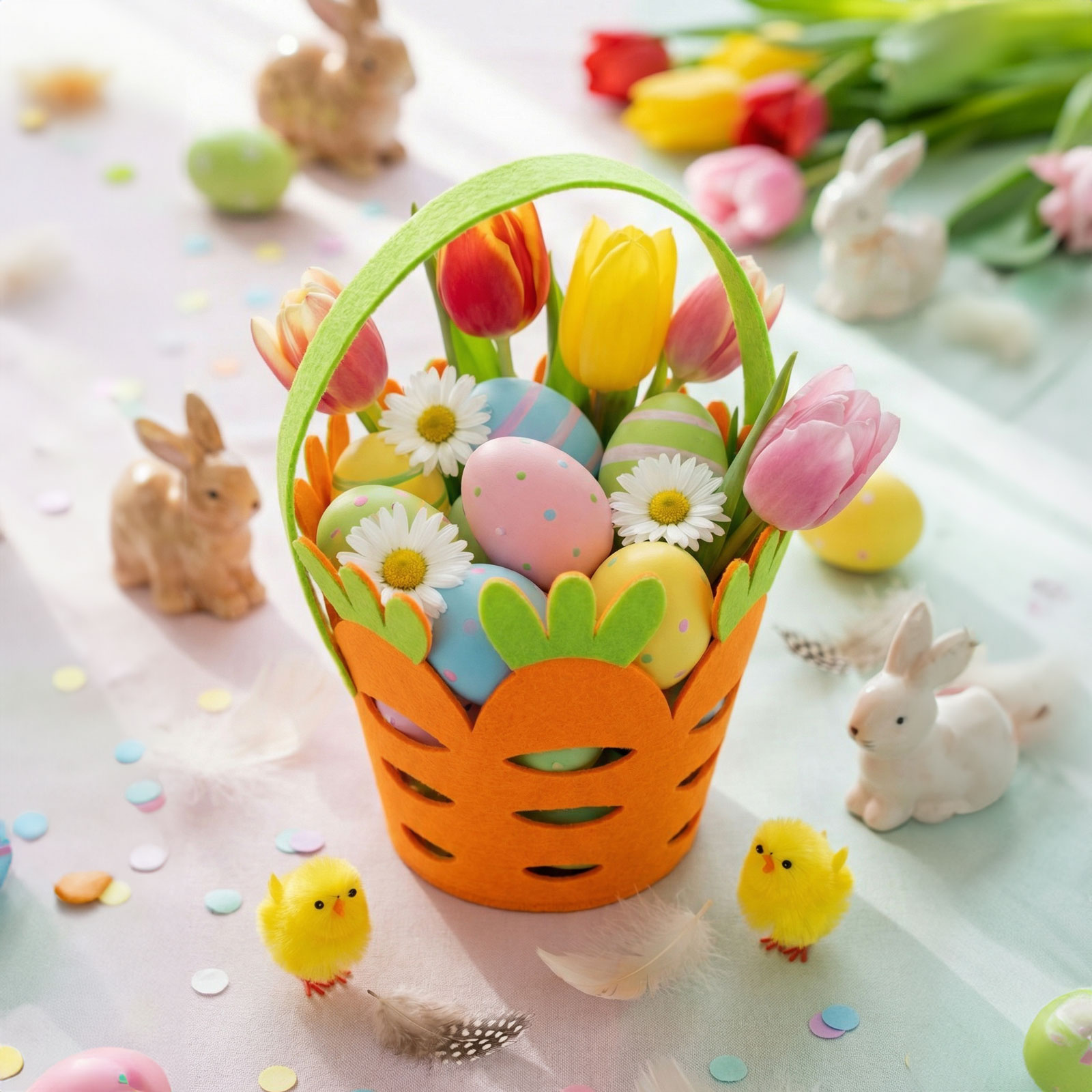 Húsvéti kosár festett tojásokkal, tulipánokkal, csibékkel és nyulakkal.